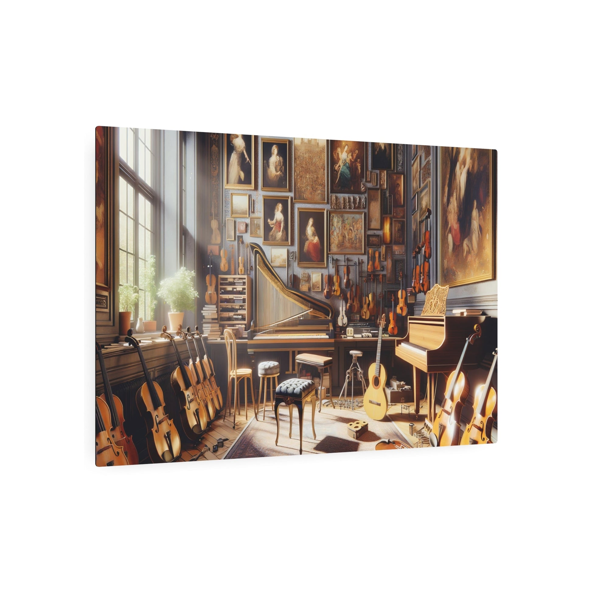 Metal Poster Art | "Realistic Western Art - Music Studio Scene with Grand Piano, Violin, Classical Guitar & Exquisite Artwork - Realism Art in Vibrant - Metal Poster Art 36″ x 24″ (Horizontal) 0.12''