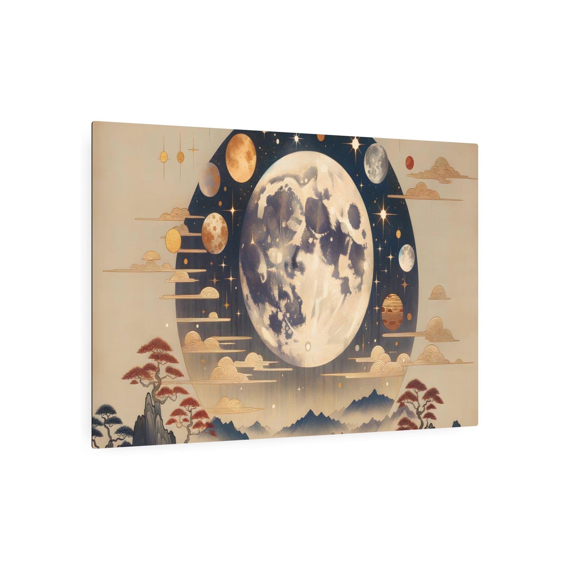 Metal Poster Art | "Kano School Inspired Japanese Artwork: Celestial Bodies in Asian Art Styles - Moon, Stars, and Planets Interpretation" - Metal Poster Art 36″ x 24″ (Horizontal) 0.12''