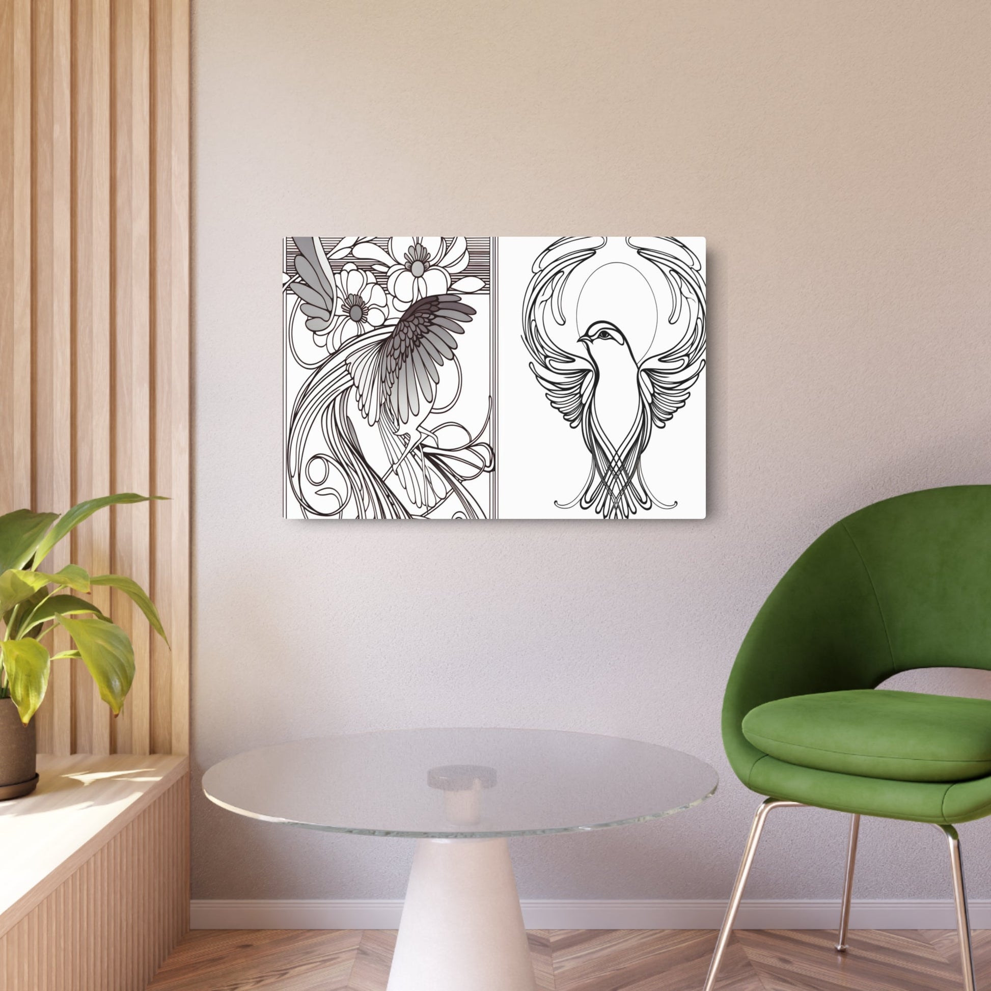 Metal Poster Art | "Art Nouveau Western Art Style - Intricate Bird and Floral Design with Organic Lines and Natural Patterns" - Metal Poster Art 36″ x 24″ (Horizontal) 0.12''
