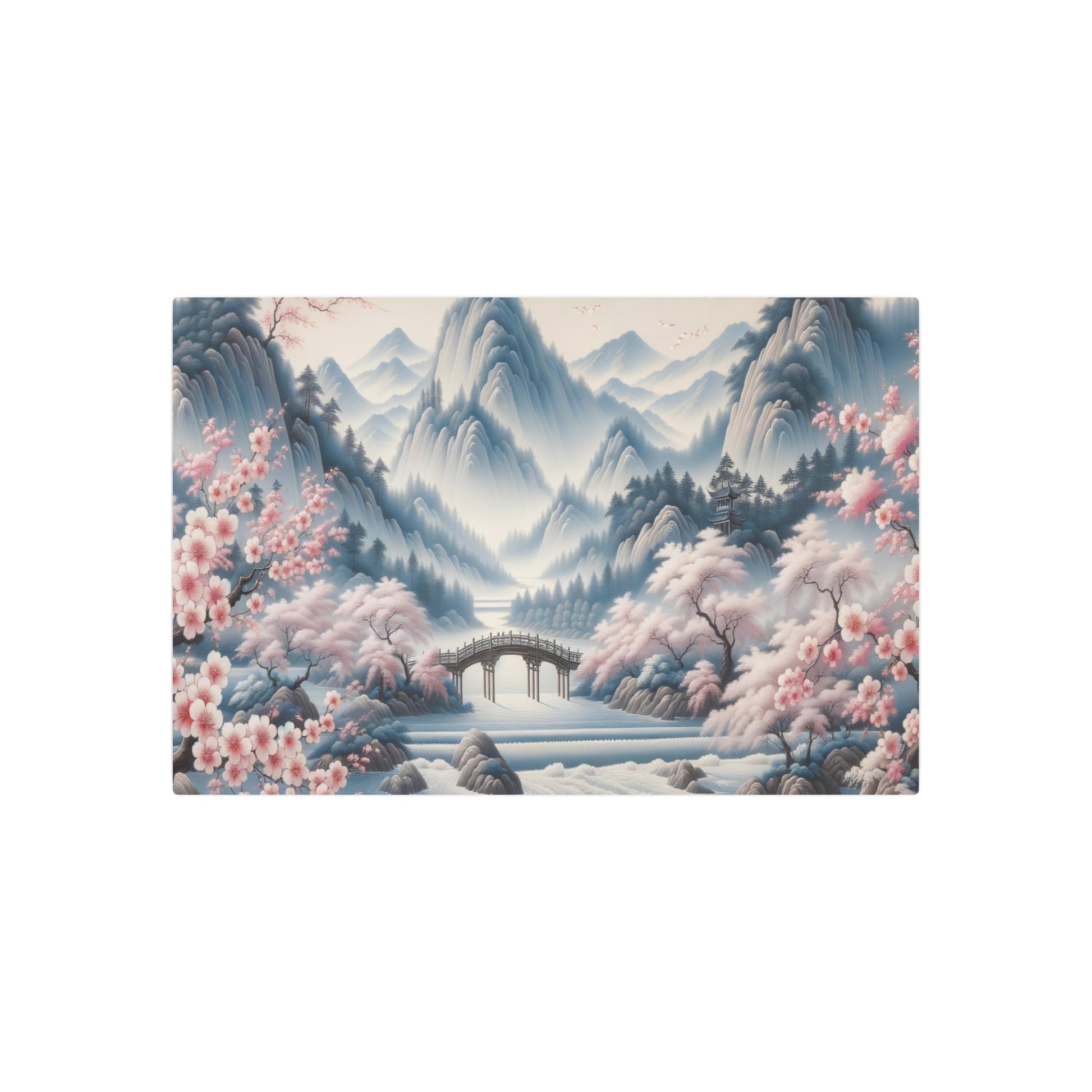 Metal Poster Art | "Traditional Chinese Silk Painting of Cherry Blossom Trees and Mountain Range - Asian Art Styles, Calming & Tranquil Chinese Silk Painting" - Metal Poster Art 36″ x 24″ (Horizontal) 0.12''