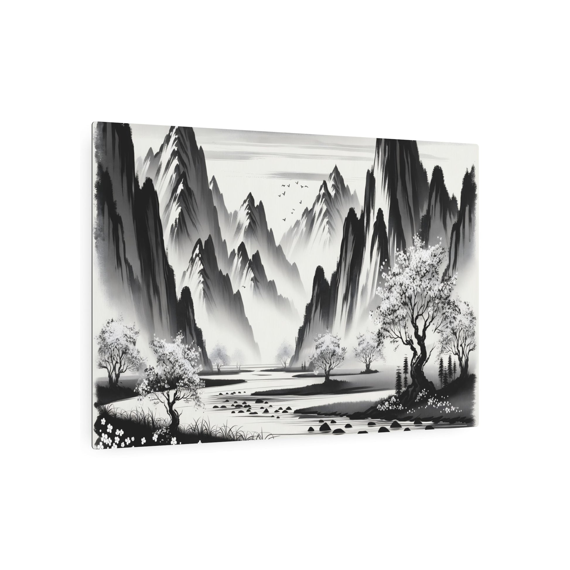 Metal Poster Art | "Sumi - e Japanese Ink Wash Artwork - Serene Landscape with Majestic Mountains, Flowing River & Cherry Blossom Trees | Traditional Asian Art - Metal Poster Art 36″ x 24″ (Horizontal) 0.12''