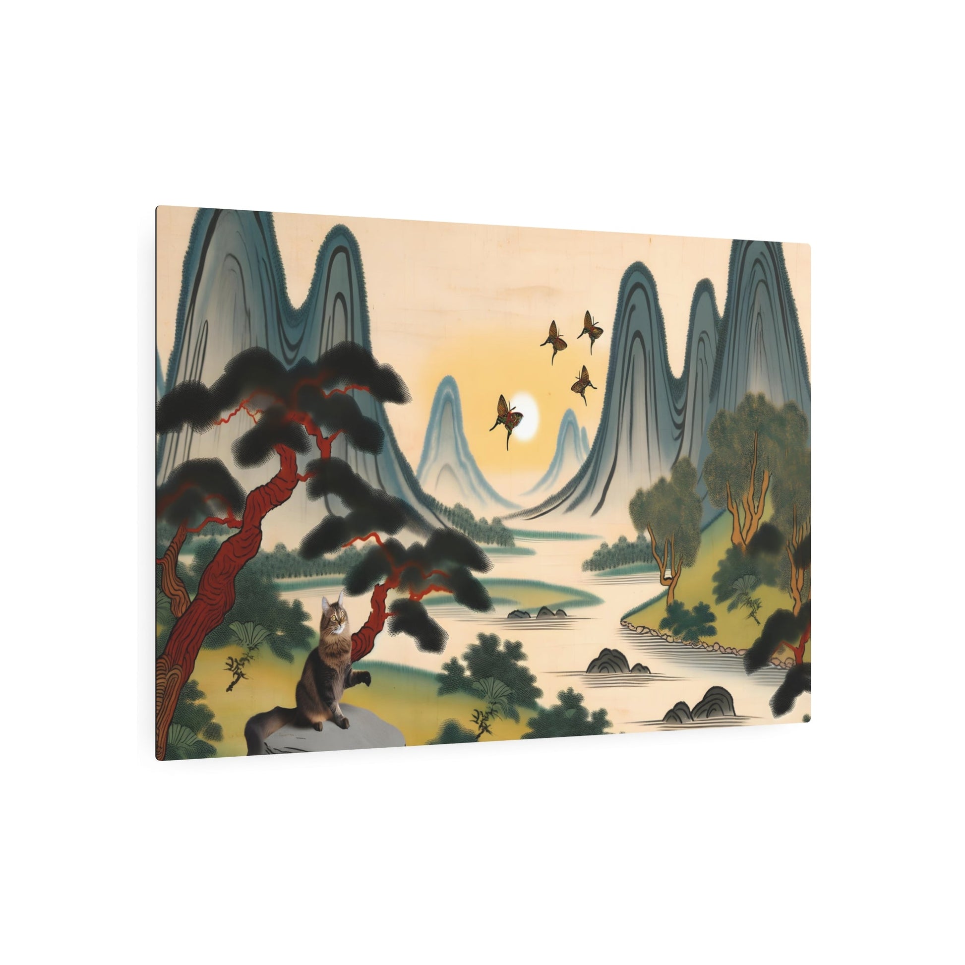 Metal Poster Art | "Playful Cat in Traditional Chinese Landscape Painting - Asian Art Styles, Chinese Landscape Art with Mountains, Rivers & Sunset" - Metal Poster Art 36″ x 24″ (Horizontal) 0.12''