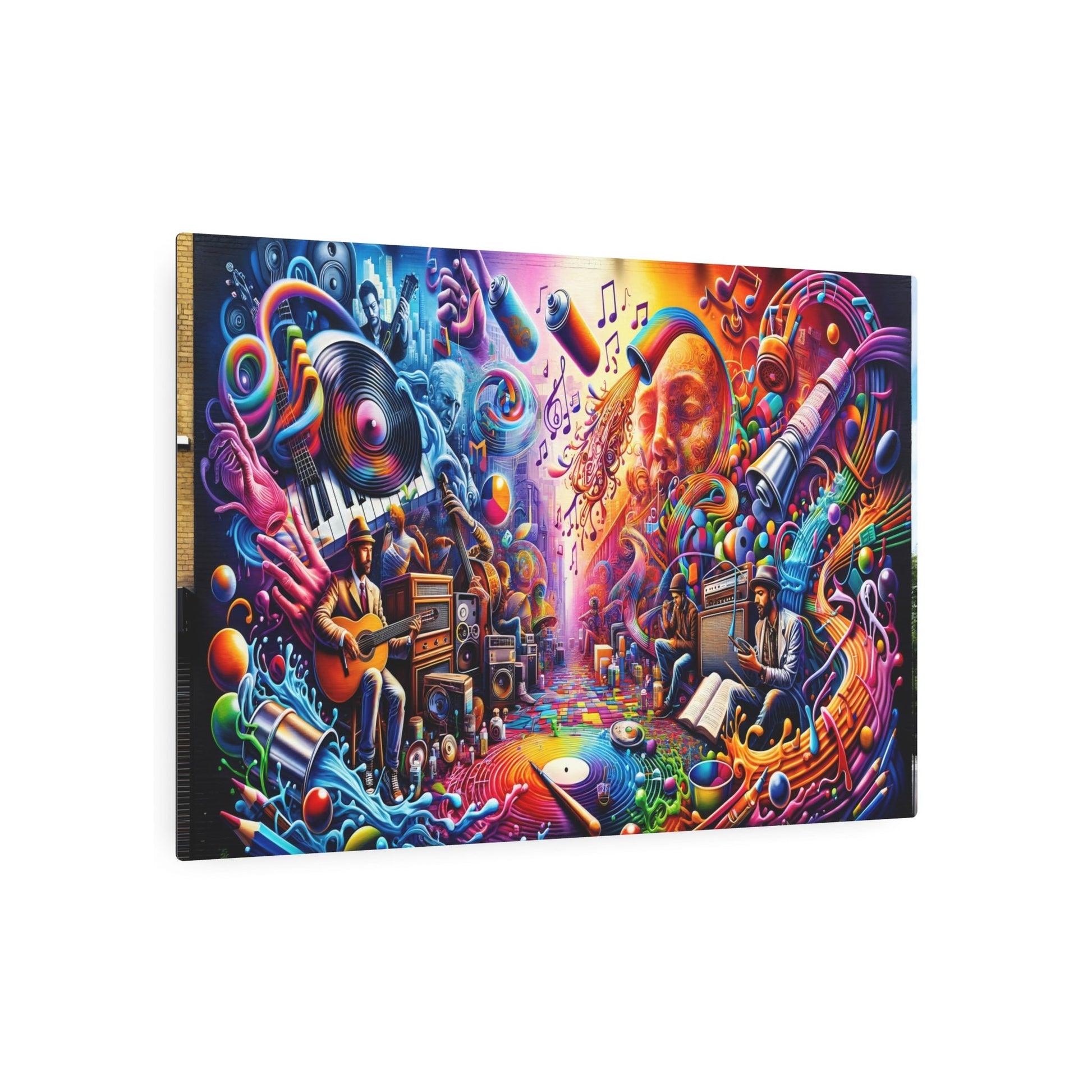 Metal Poster Art | "Modern and Contemporary Street Art - Vibrant City Murals Inspired by Music and Artists, with Graffiti Depicting Icons in Bold, Electric H - Metal Poster Art 36″ x 24″ (Horizontal) 0.12''