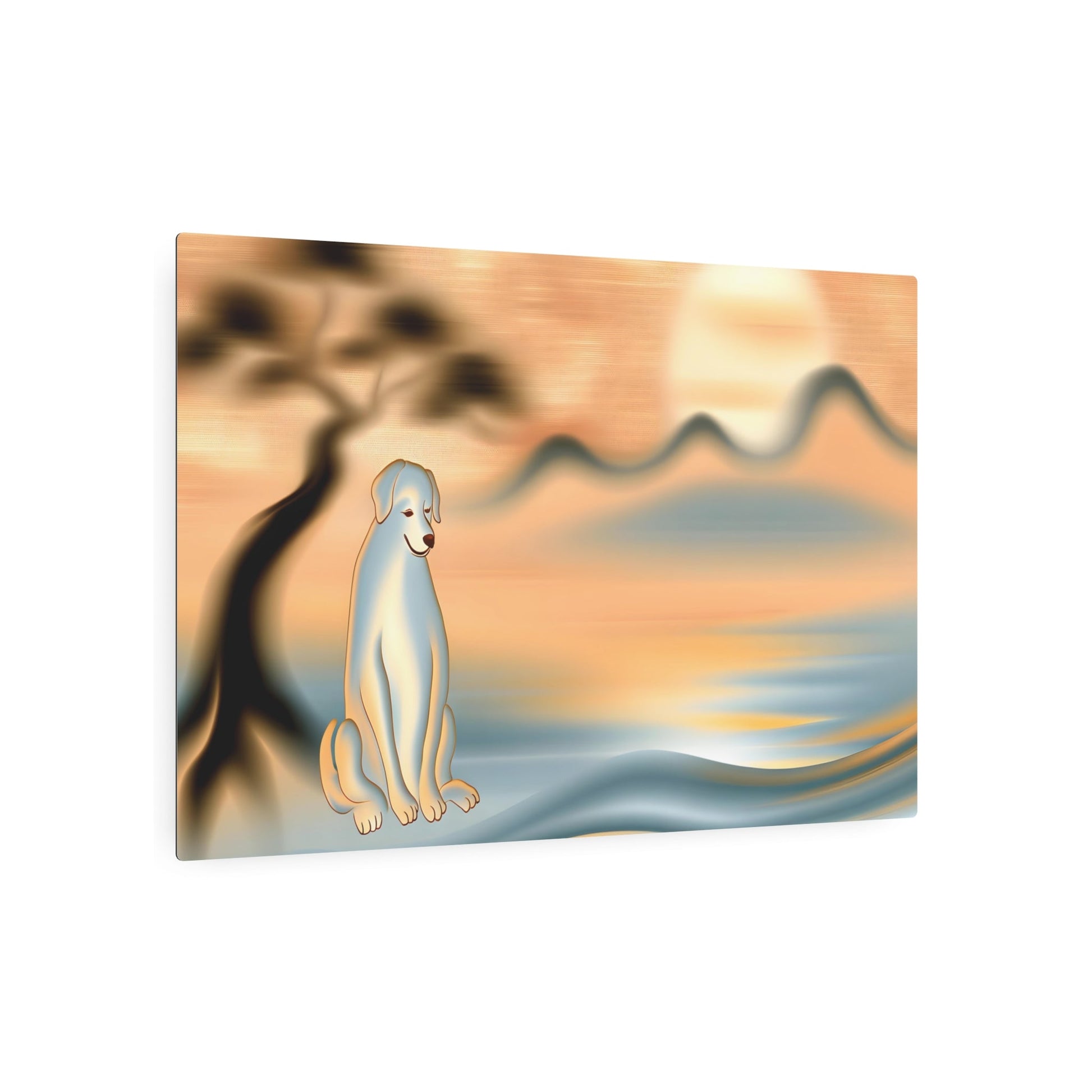 Metal Poster Art | "Serene Scene Chinese Silk Painting with Dog - Asian Art Styles Collection" - Metal Poster Art 36″ x 24″ (Horizontal) 0.12''