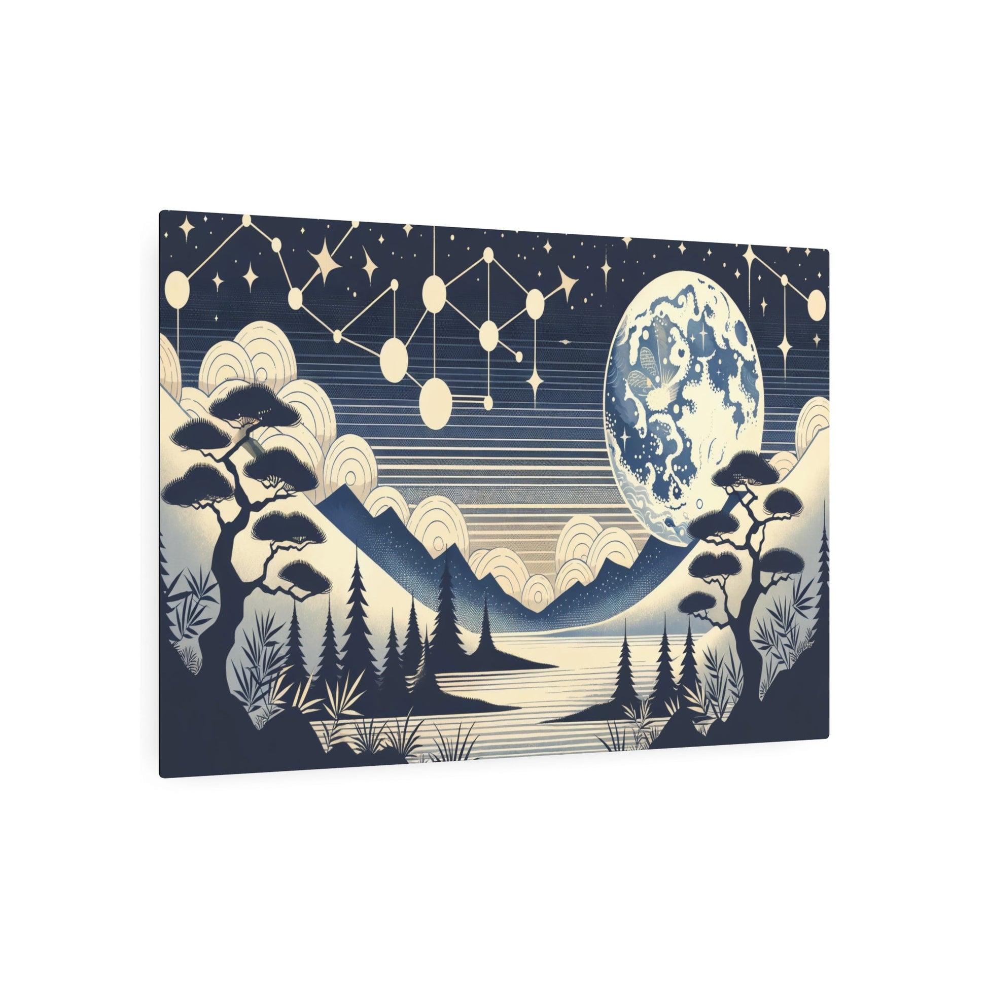 Metal Poster Art | "Kano School Japanese Art Style: Celestial Body Scene with Serene Moonlight and Vibrant Constellation - Asian Art Incorporating Traditional Bold Out - Metal Poster Art 36″ x 24″ (Horizontal) 0.12''