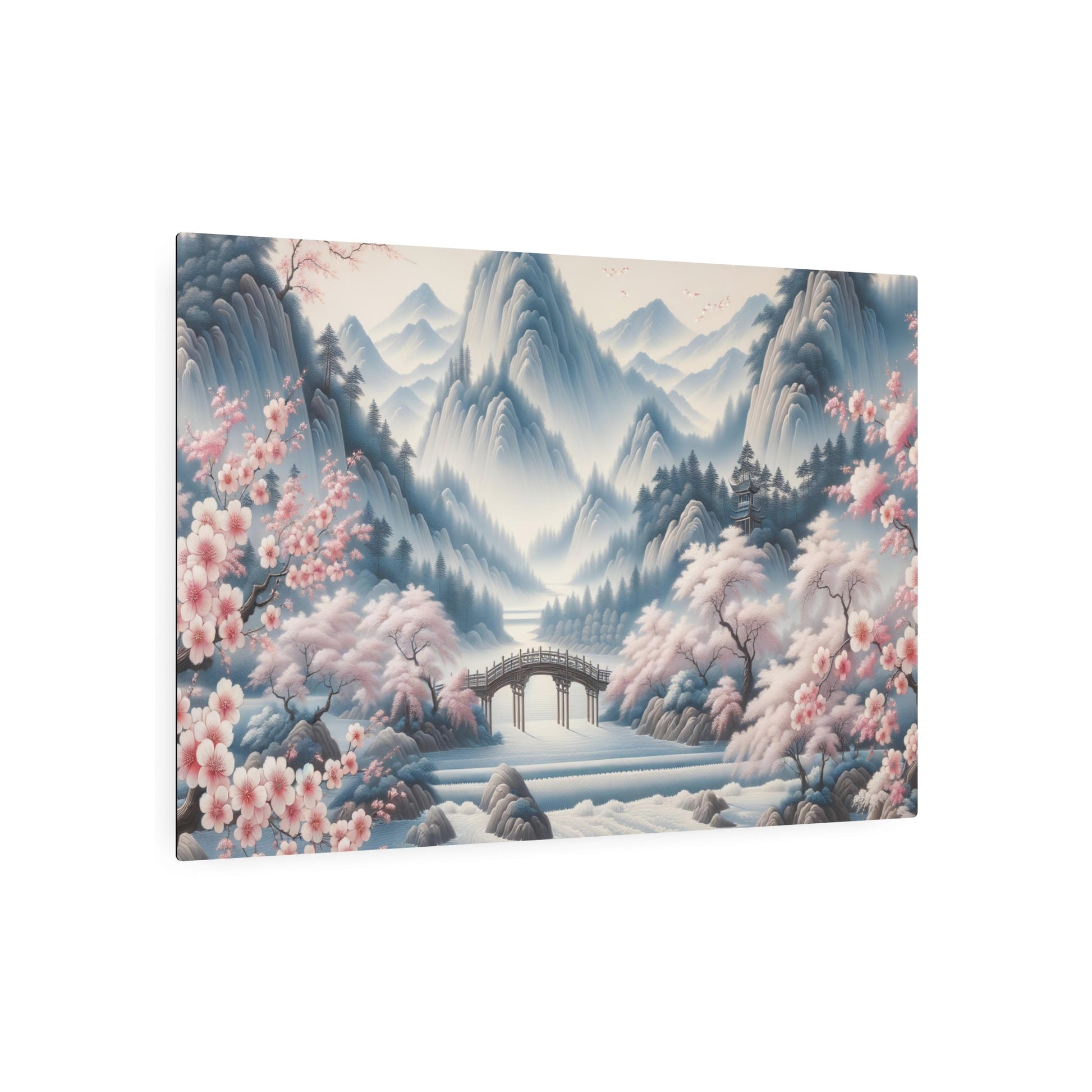 Metal Poster Art | "Traditional Chinese Silk Painting of Cherry Blossom Trees and Mountain Range - Asian Art Styles, Calming & Tranquil Chinese Silk Painting" - Metal Poster Art 36″ x 24″ (Horizontal) 0.12''