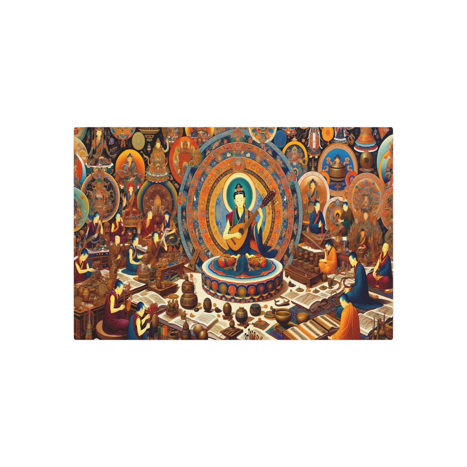 Metal Poster Art | "Thangka - Style Tibetan Art Painting: Musical Theme with Dramnyen Player and Traditional Instruments Encircled by Monks in Artistic Purs - Metal Poster Art 36″ x 24″ (Horizontal) 0.12''