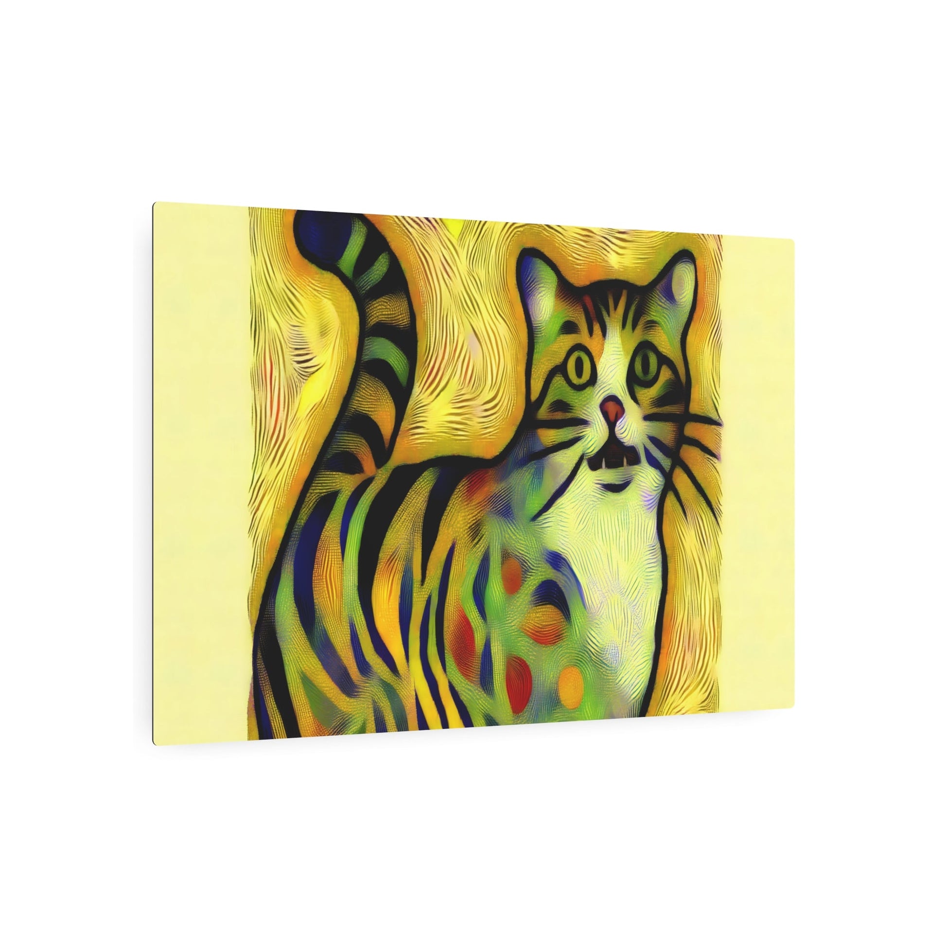 Metal Poster Art | "Modern Pop Art Style Whimsical Cat Image - Bold Lines, Vivid Colors & Patterns - Contemporary Pop Art Cat Illustration in Playful Design - Metal Poster Art 36″ x 24″ (Horizontal) 0.12''