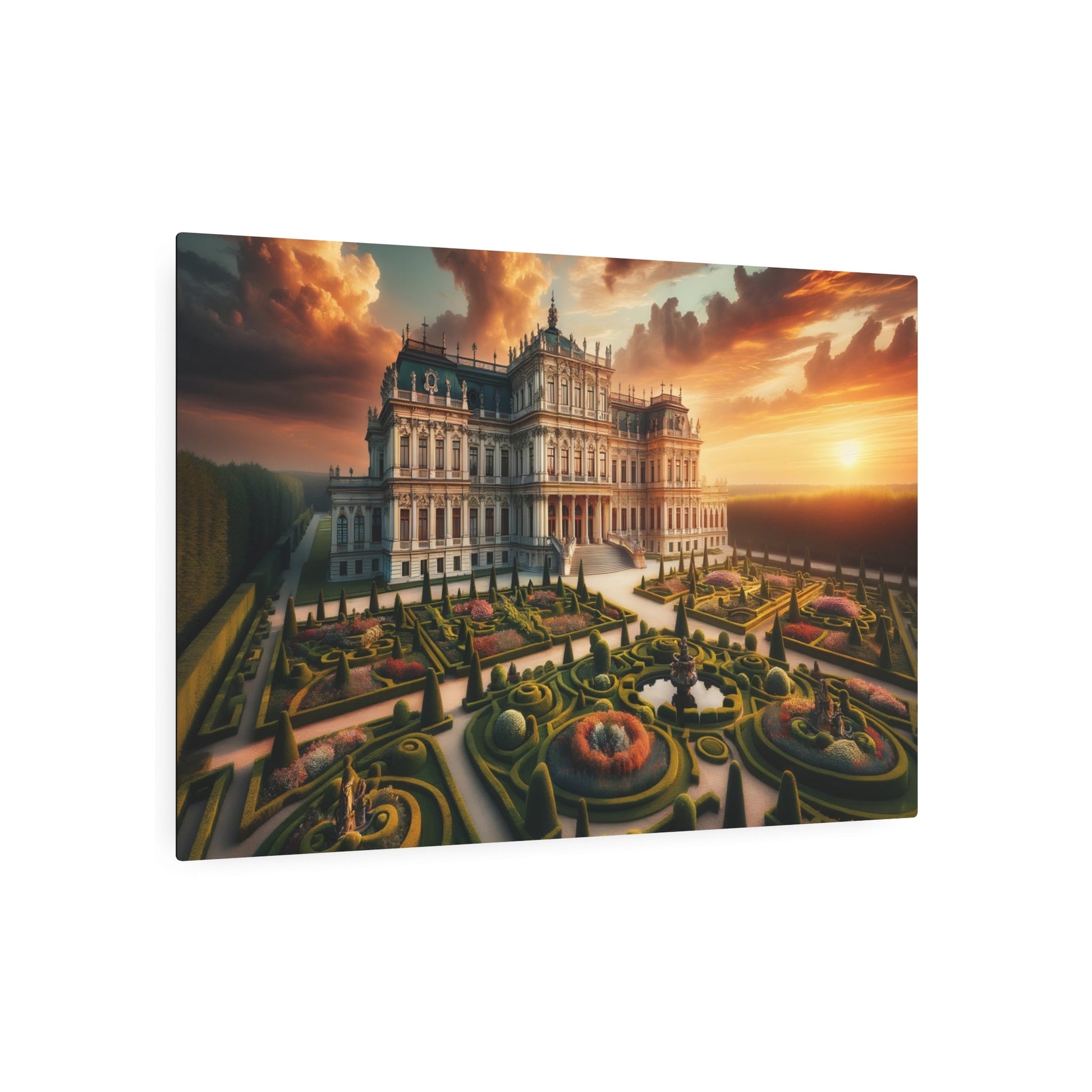 Metal Poster Art | "Baroque - Style Palace at Sunset - Western Art Styles, Grand Architectural Details and Lush Ornamental Gardens in Baroque Art" - Metal Poster Art 36″ x 24″ (Horizontal) 0.12''