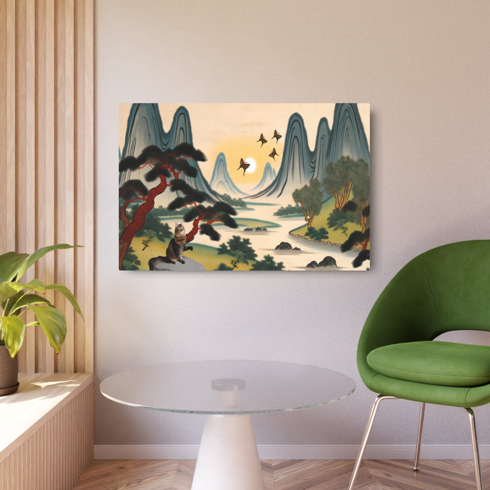 Metal Poster Art | "Playful Cat in Traditional Chinese Landscape Painting - Asian Art Styles, Chinese Landscape Art with Mountains, Rivers & Sunset" - Metal Poster Art 36″ x 24″ (Horizontal) 0.12''