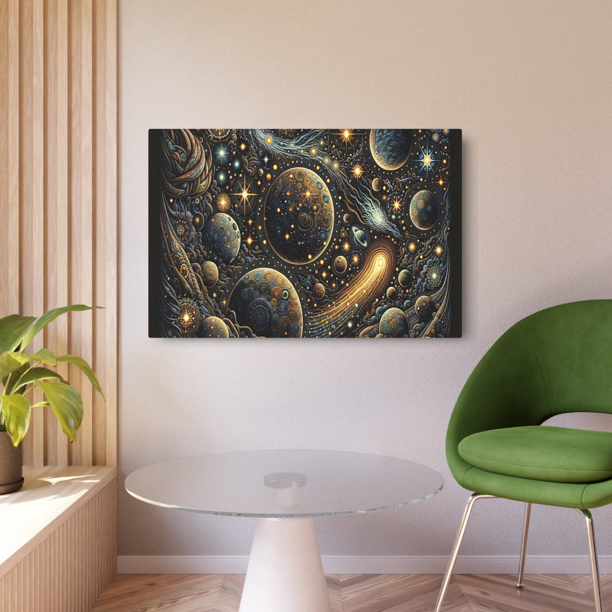 Metal Poster Art | "Indonesian Batik Style Art Image Featuring Celestial Bodies - Planets, Stars, Comets & Moon in Non - Western & Global Styles - Metal Poster Art 36″ x 24″ (Horizontal) 0.12''