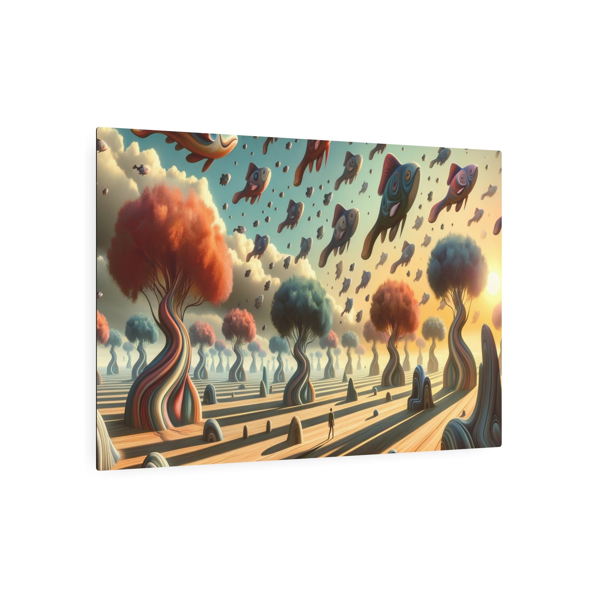 Metal Poster Art | "Modern Surrealistic Art - Dreamlike Landscape with Life - Size Creatures and Floating Fish Sky in Contemporary Surrealism Style" - Metal Poster Art 36″ x 24″ (Horizontal) 0.12''