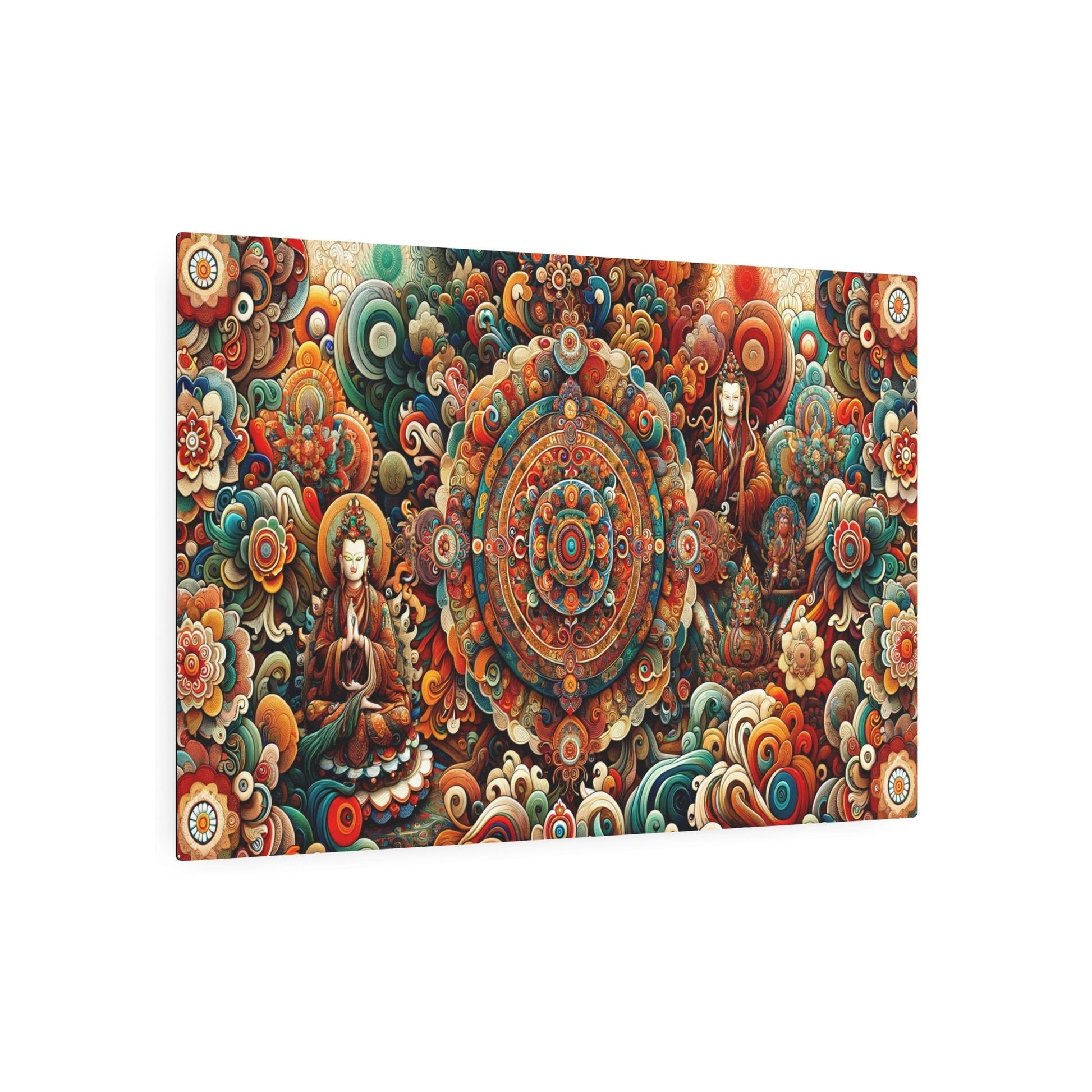 Metal Poster Art | "Vivid Thangka Painting - Inspired Artwork with Traditional Tibetan Elements - Unique Asian Art Style in Rich Colors Featuring Buddhist Deities, Mandal - Metal Poster Art 36″ x 24″ (Horizontal) 0.12''