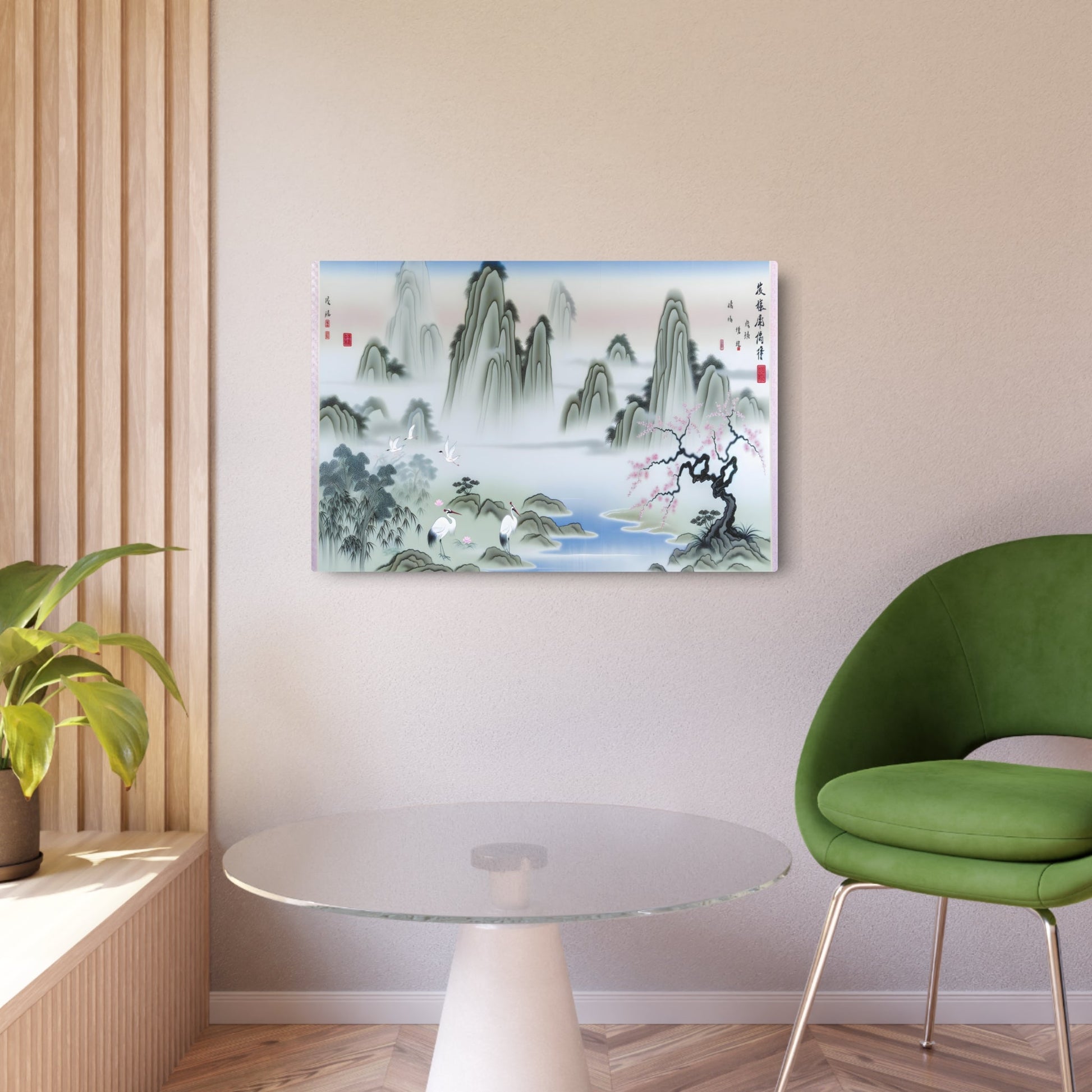 Metal Poster Art | "Traditional Chinese Silk Painting of Serene Landscape with White Cranes, Cherry Blossom Tree & Misty Mountains - Asian Art Styles" - Metal Poster Art 36″ x 24″ (Horizontal) 0.12''