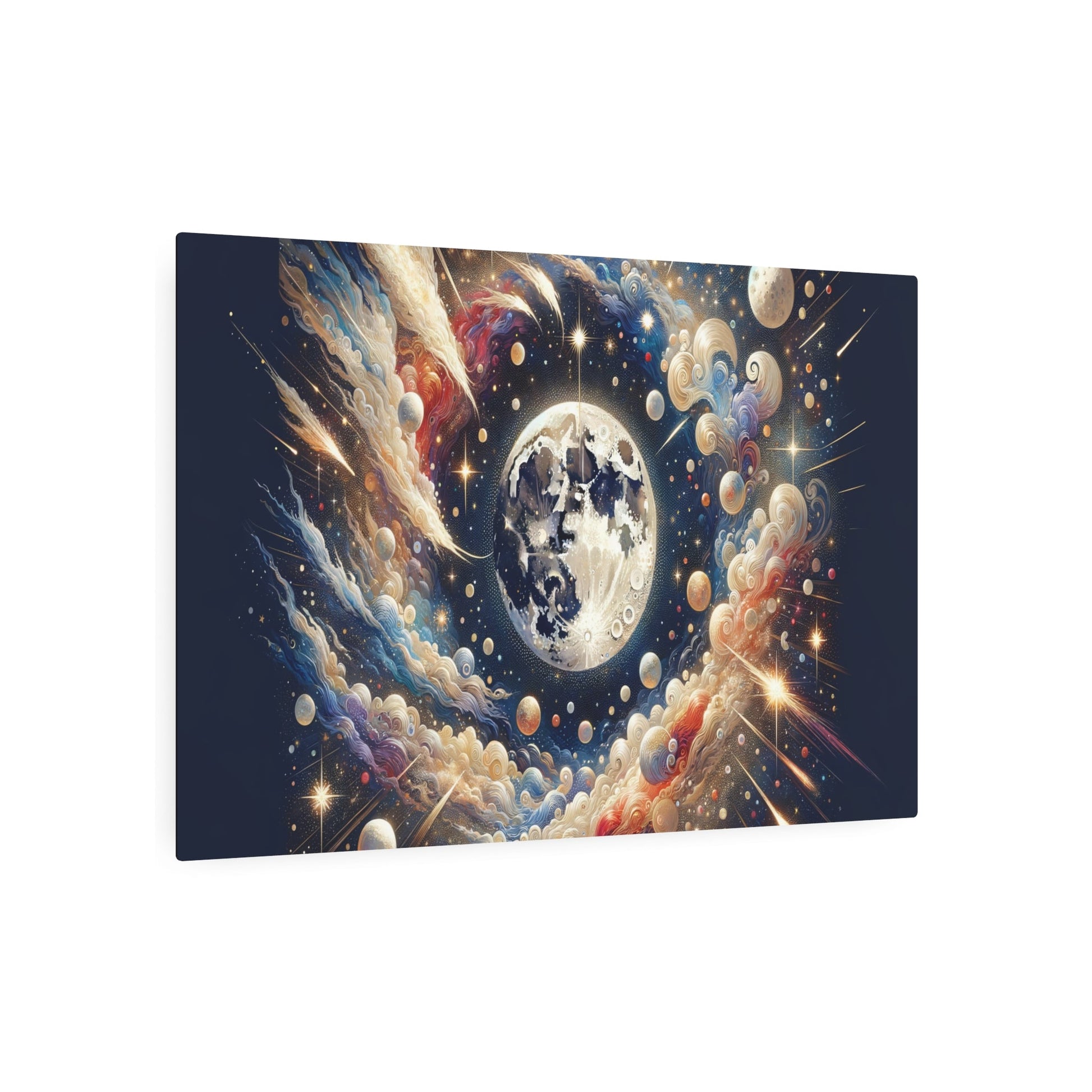 Metal Poster Art | "Chinese Silk Painting Art - Celestial Body Theme with Night Sky, Stars, Moon & Comets - Asian Art Styles Collection" - Metal Poster Art 36″ x 24″ (Horizontal) 0.12''