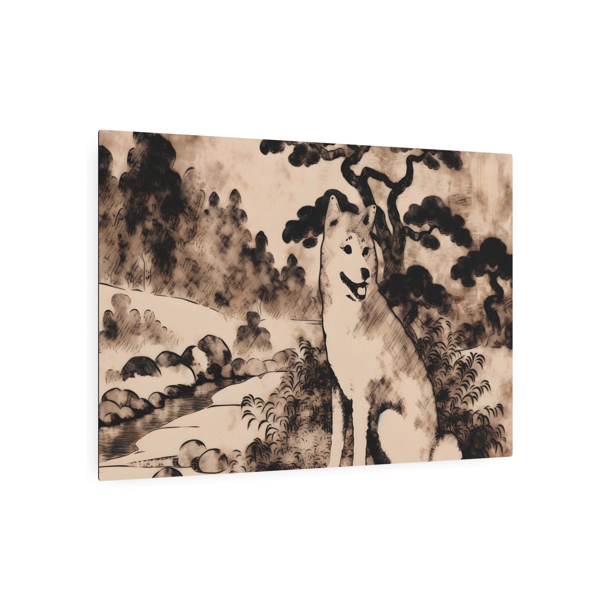 Metal Poster Art | "Kano School Japanese Art Style - Asian Art Styles Inspired Dog Image" - Metal Poster Art 36″ x 24″ (Horizontal) 0.12''