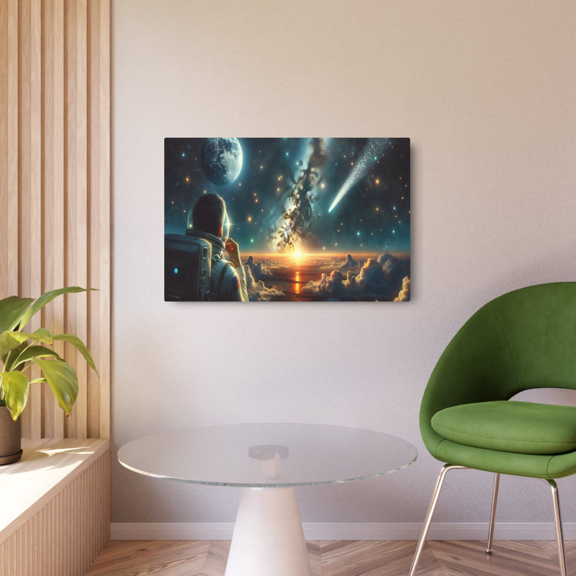 Metal Poster Art | "Realism Western Art Style - Astronaut Under Starry Night Sky with Full Moon and Milky Way - Realistic Canvas Painting of Cosmic Scene" - Metal Poster Art 36″ x 24″ (Horizontal) 0.12''