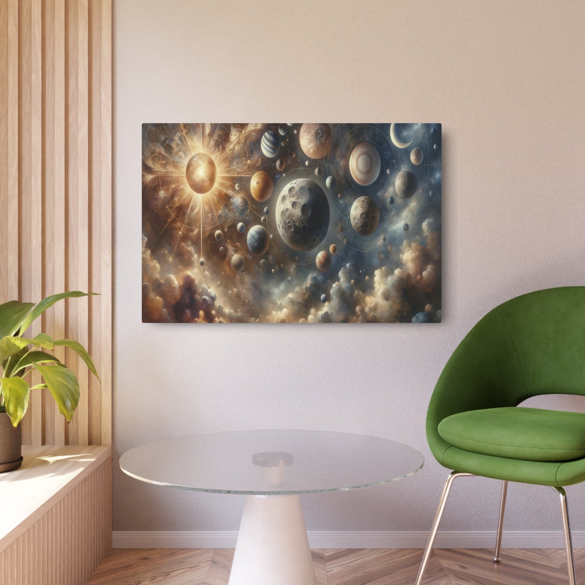 Metal Poster Art | "Renaissance Style Western Artwork - Celestial Bodies Portrayal Featuring Moon, Sun, Stars, and Planets" - Metal Poster Art 36″ x 24″ (Horizontal) 0.12''