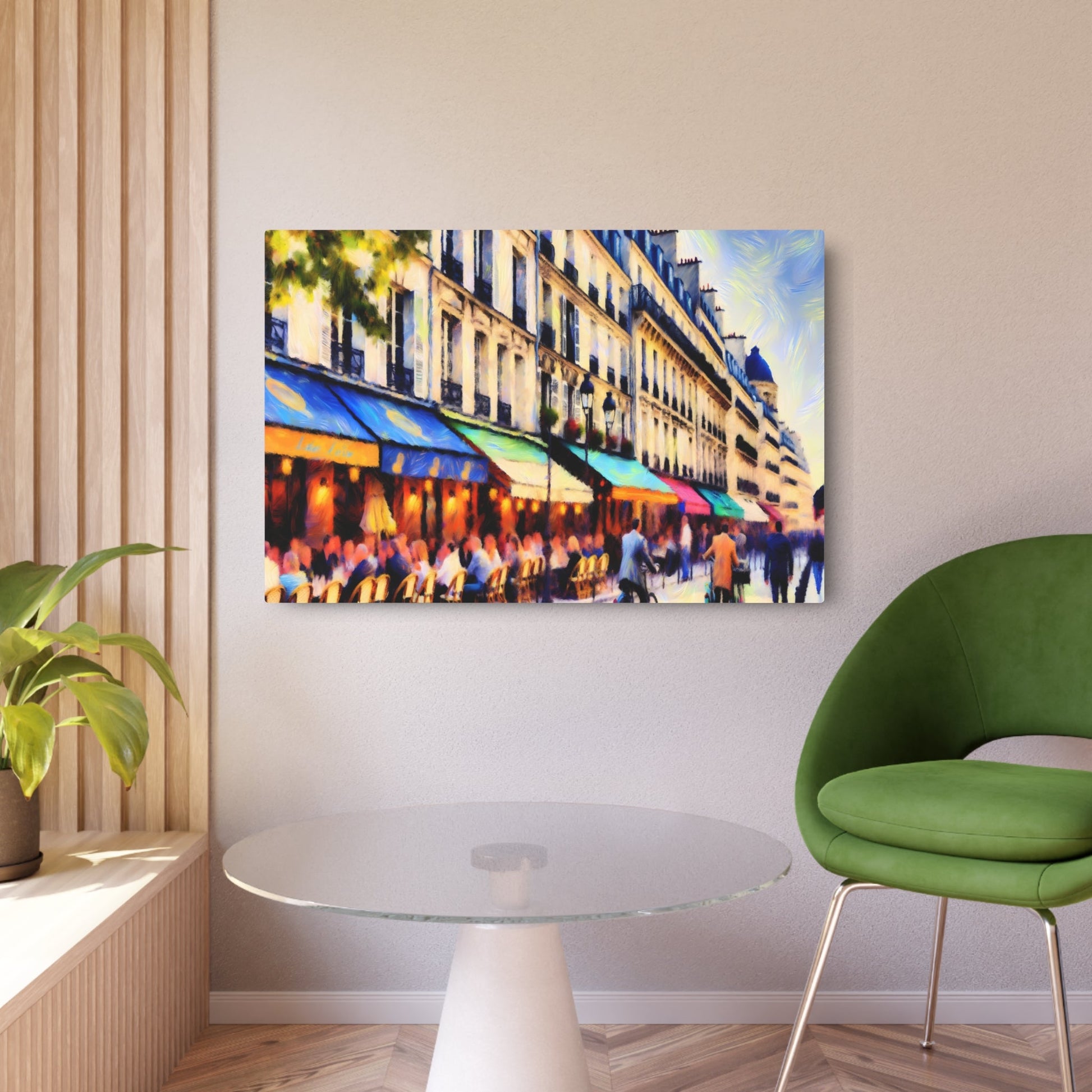 Metal Poster Art | "Impressionist Artwork - Bold & Contrasting Colors Depicting Serene Afternoon on Parisian Street, Original Western Art Inspired by Mon - Metal Poster Art 36″ x 24″ (Horizontal) 0.12''