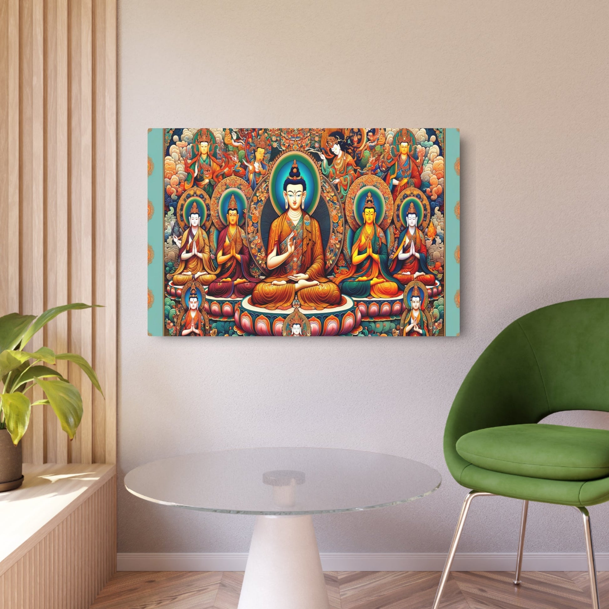 Metal Poster Art | "Intricate Tibetan Thangka Painting: Vibrant Depictions of Buddha, Bodhisattvas, and Sacred Mandalas in Traditional Asian Art Style - Metal Poster Art 36″ x 24″ (Horizontal) 0.12''