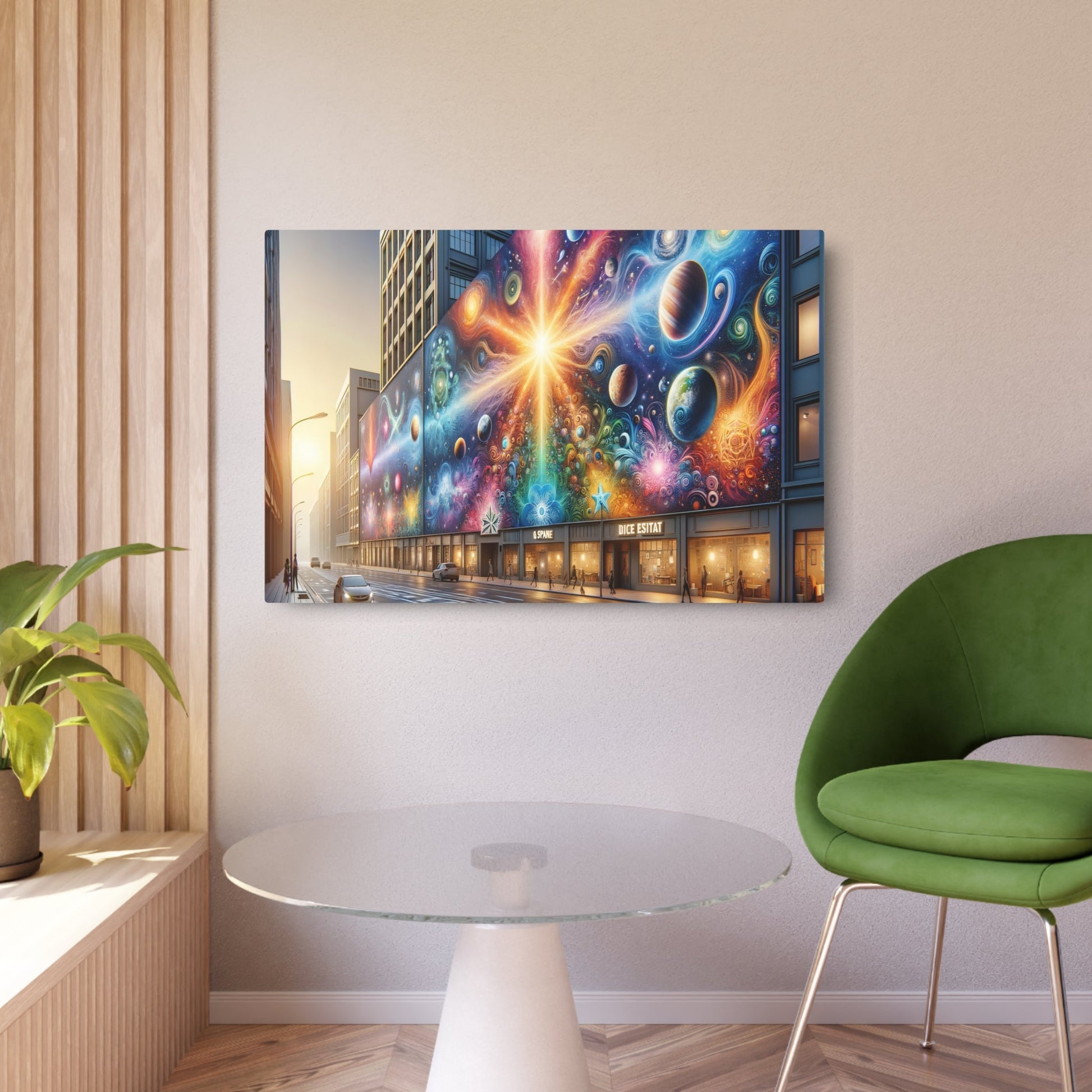 Metal Poster Art | "Modern & Contemporary Cosmic Playground: Diverse Celestial - Themed Street Art in Vibrant City Street - Galaxies, Planets and Stars Murals - Metal Poster Art 36″ x 24″ (Horizontal) 0.12''