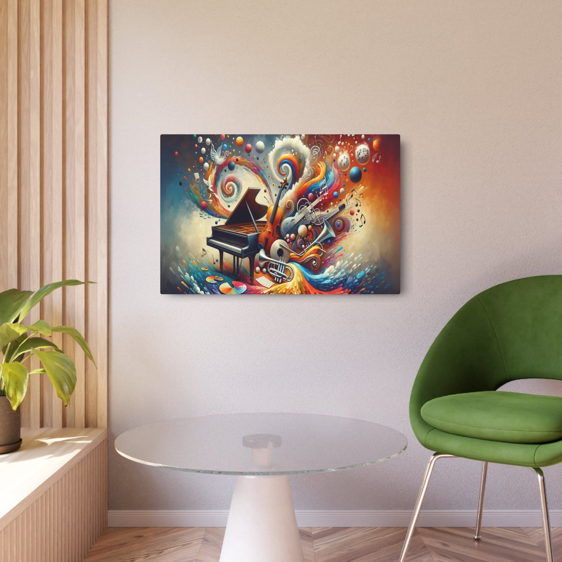 Metal Poster Art | "Modern & Contemporary Digital Art Illustration: Vibrant Fusion of Music and Art with Energetic Instruments and Paint Strokes | Dalle - 3 - Metal Poster Art 36″ x 24″ (Horizontal) 0.12''