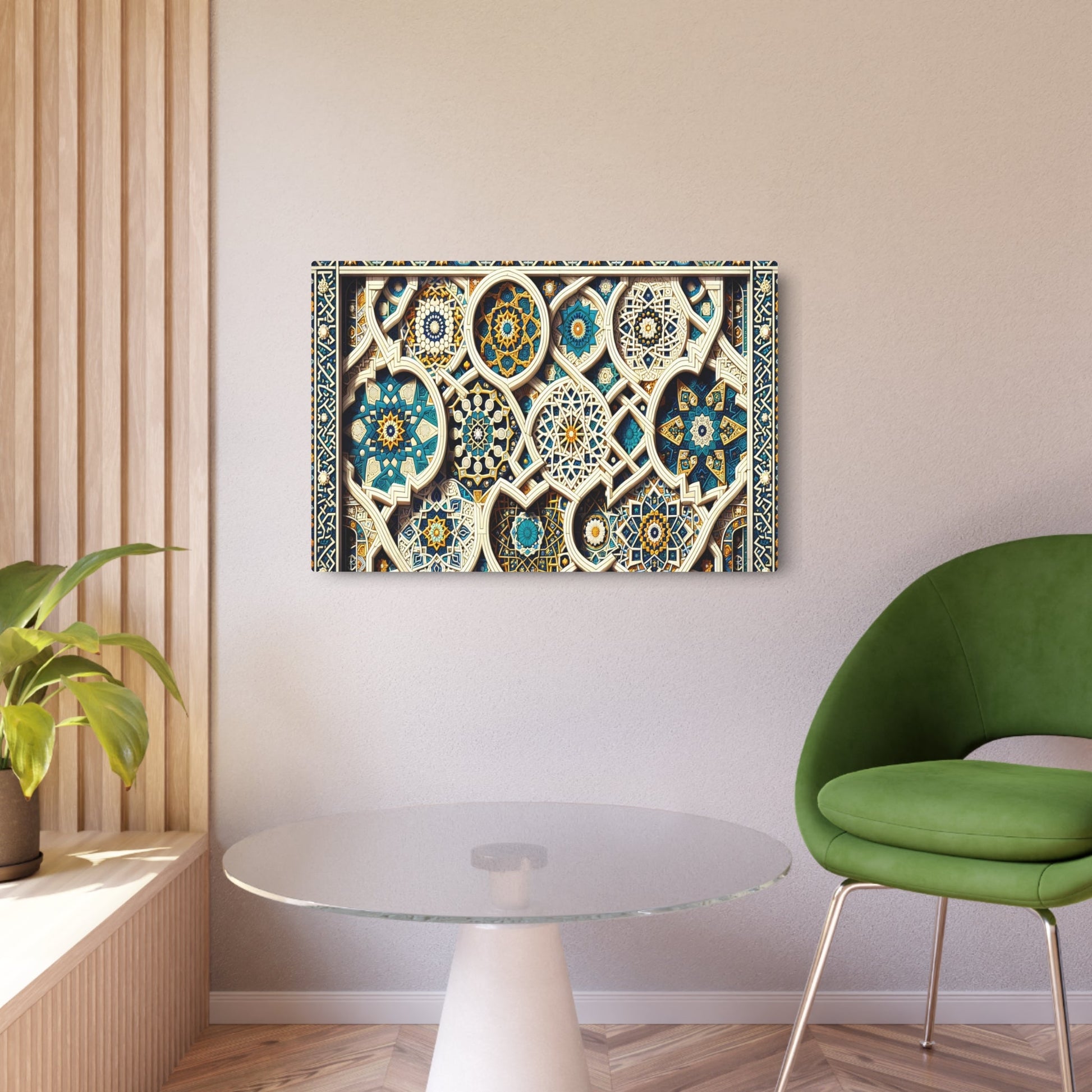 Metal Poster Art | "Islamic Geometric Patterns Wall Art in Traditional Bright Blues, Whites, and Golds - Exquisite Non - Western & Global Styles Decor Featuring Stars - Metal Poster Art 36″ x 24″ (Horizontal) 0.12''