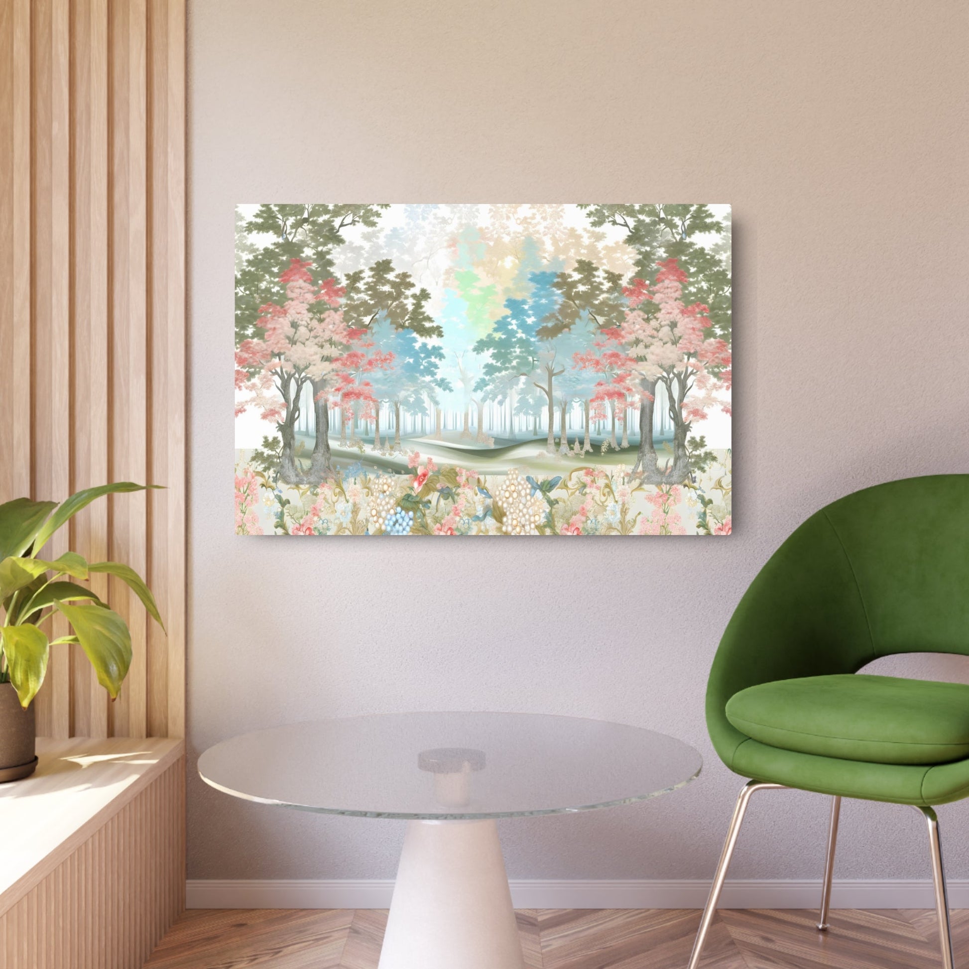 Metal Poster Art | "Rococo Art Style Inspired Lush Forest Scene - Western Art Styles Collection: Delicate Pastel Colored Trees, Elegant Floral and Pearl Details - Metal Poster Art 36″ x 24″ (Horizontal) 0.12''