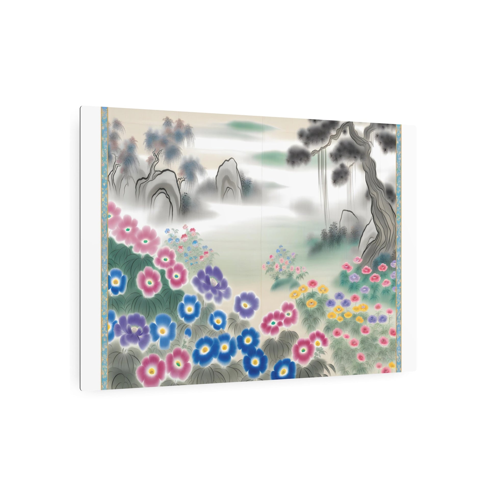 Metal Poster Art | "Tranquil Chinese Silk Painting: Vibrant Floral Garden Artwork in Traditional Asian Style - Peaceful Harmony in Brushstrokes and Soft Tones - Metal Poster Art 36″ x 24″ (Horizontal) 0.12''