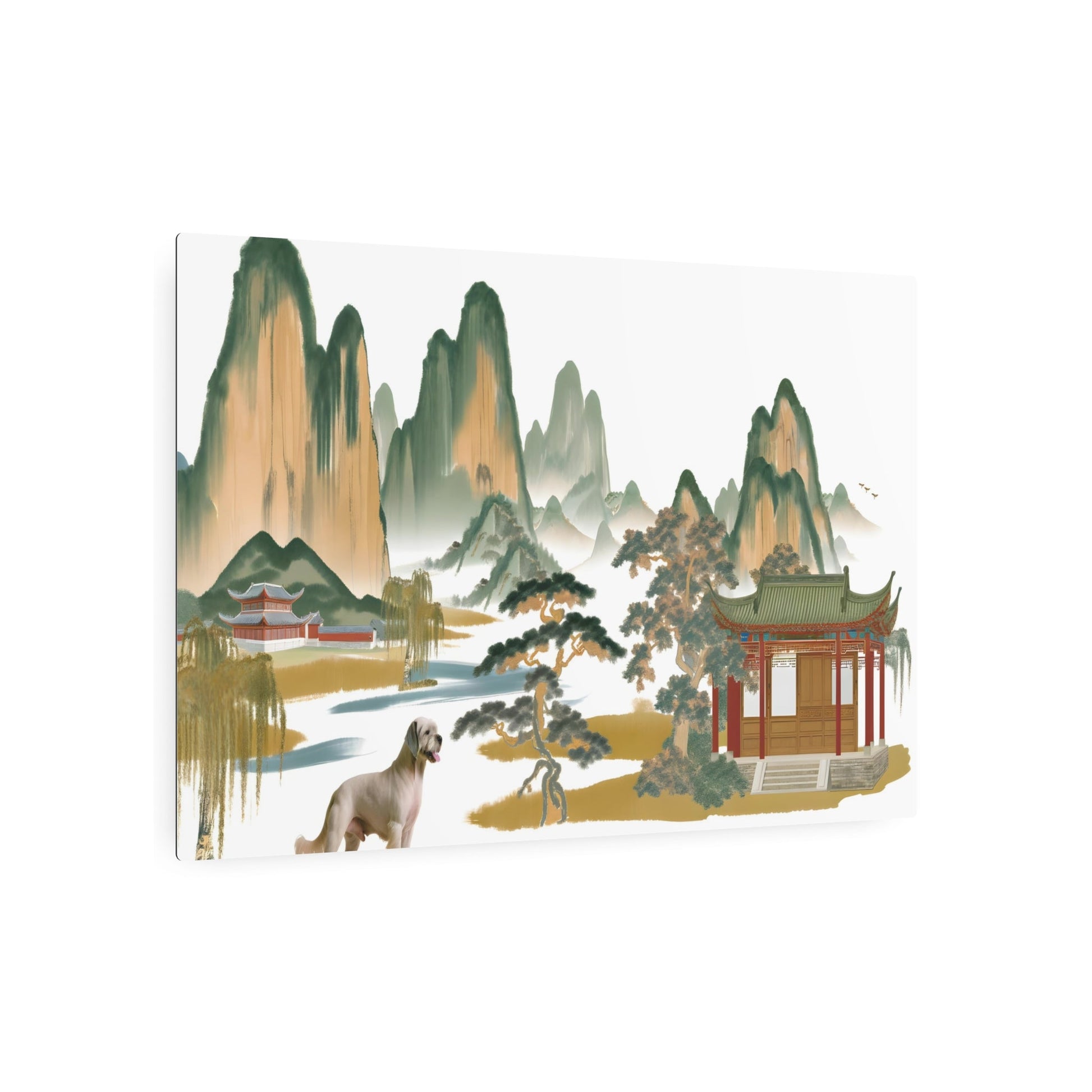 Metal Poster Art | "Traditional Chinese Landscape Painting with Dog, Asian Art Style - Mountain River Trees and Ancient Architecture Design" - Metal Poster Art 36″ x 24″ (Horizontal) 0.12''