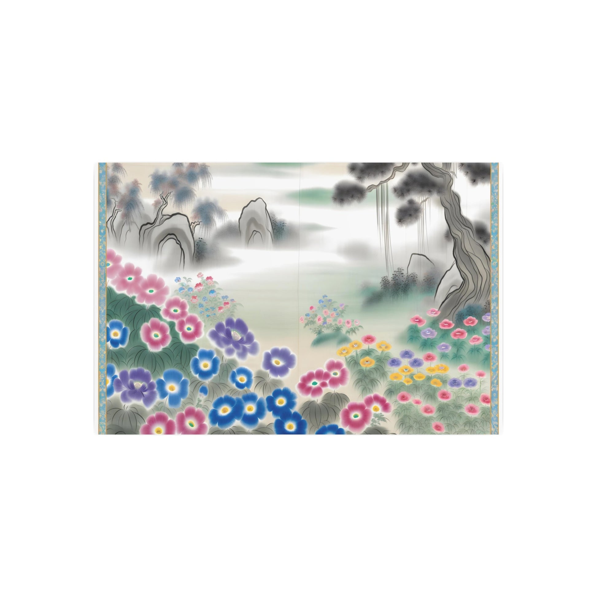 Metal Poster Art | "Tranquil Chinese Silk Painting: Vibrant Floral Garden Artwork in Traditional Asian Style - Peaceful Harmony in Brushstrokes and Soft Tones - Metal Poster Art 36″ x 24″ (Horizontal) 0.12''