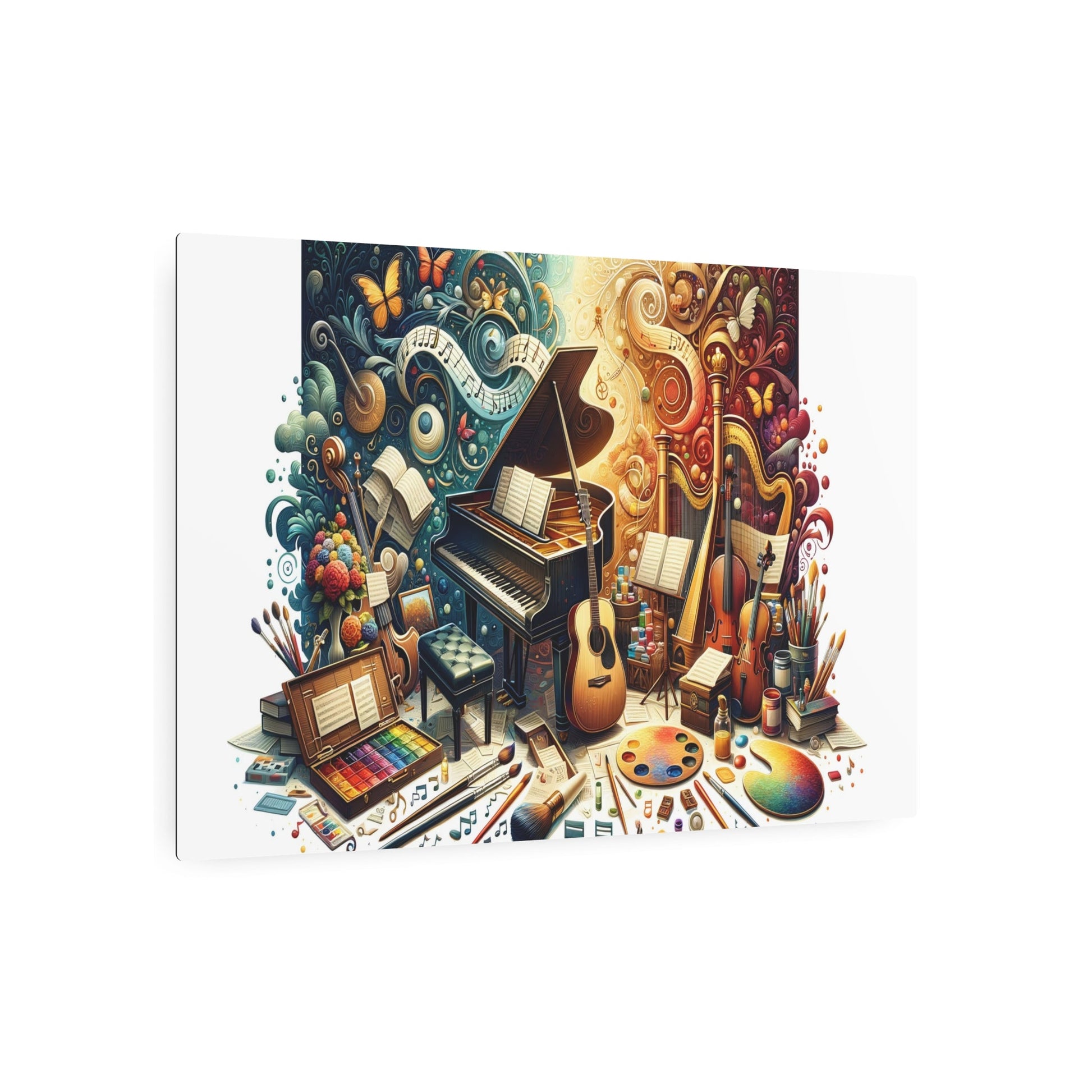 Metal Poster Art | "Passionate Symphony: Realistic Western Art Depicting Vibrant Music and Art Scene with Piano, Guitar, Violin and Paint Tools" - Metal Poster Art 36″ x 24″ (Horizontal) 0.12''