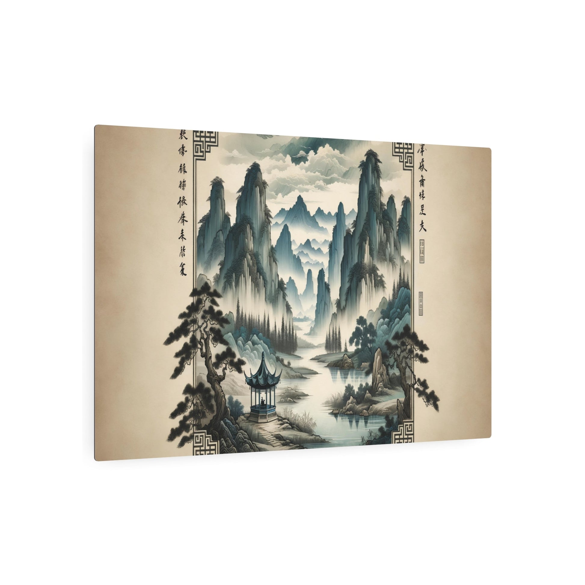 Metal Poster Art | "Traditional Chinese Landscape Artwork - Handmade Asian Art Style Painting with Mountains, Rivers, Trees and Pavilion" - Metal Poster Art 36″ x 24″ (Horizontal) 0.12''