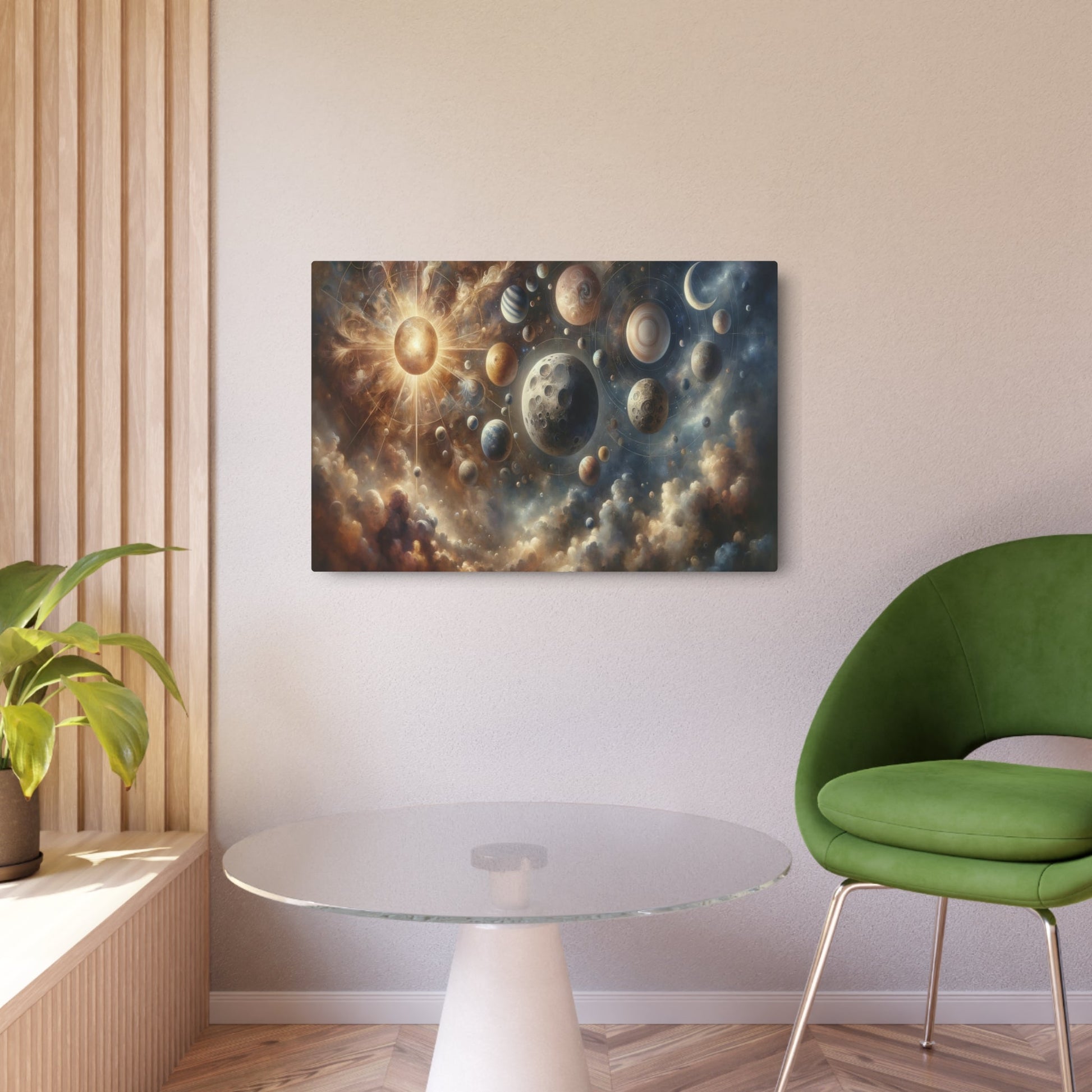 Metal Poster Art | "Renaissance Style Western Artwork - Celestial Bodies Portrayal Featuring Moon, Sun, Stars, and Planets" - Metal Poster Art 36″ x 24″ (Horizontal) 0.12''