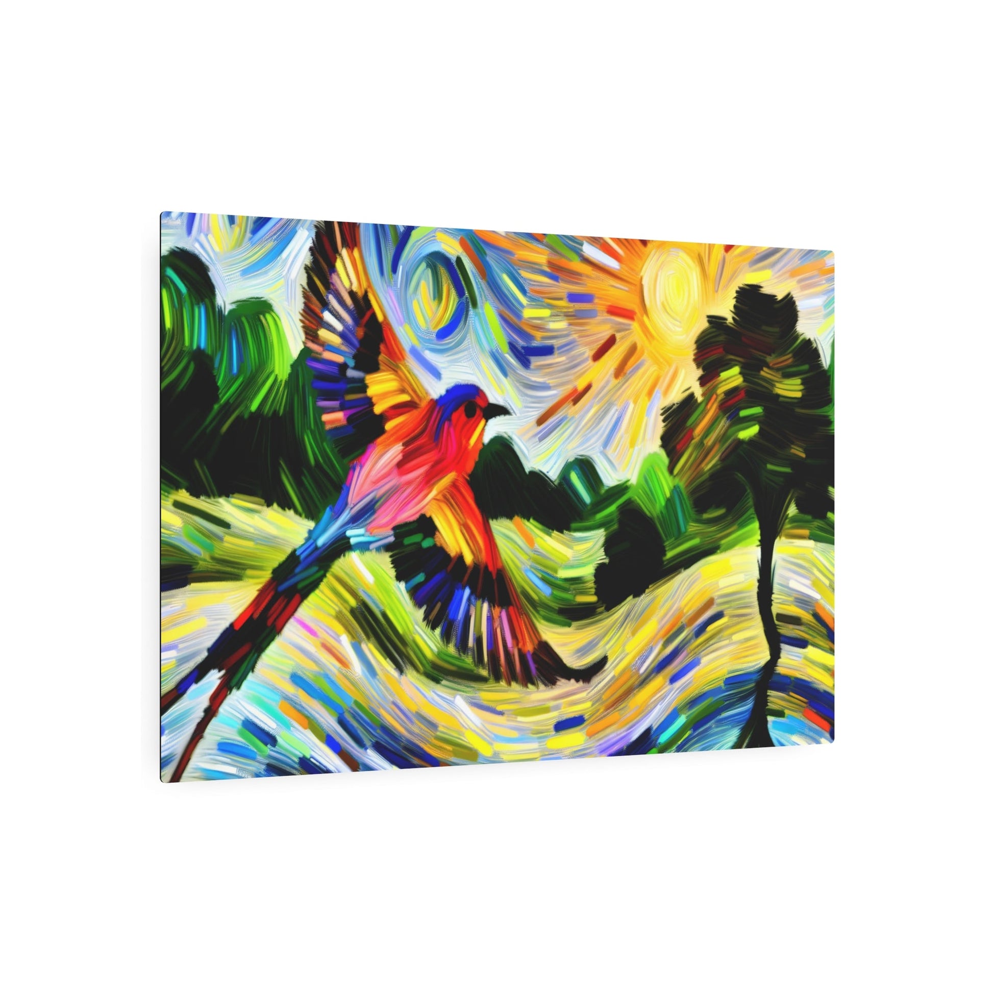 Metal Poster Art | "Impressionist Style Western Art - Vibrant Bird Flying Over Colorful Landscape, Detailed Featherwork and Lively Nature Elements" - Metal Poster Art 36″ x 24″ (Horizontal) 0.12''