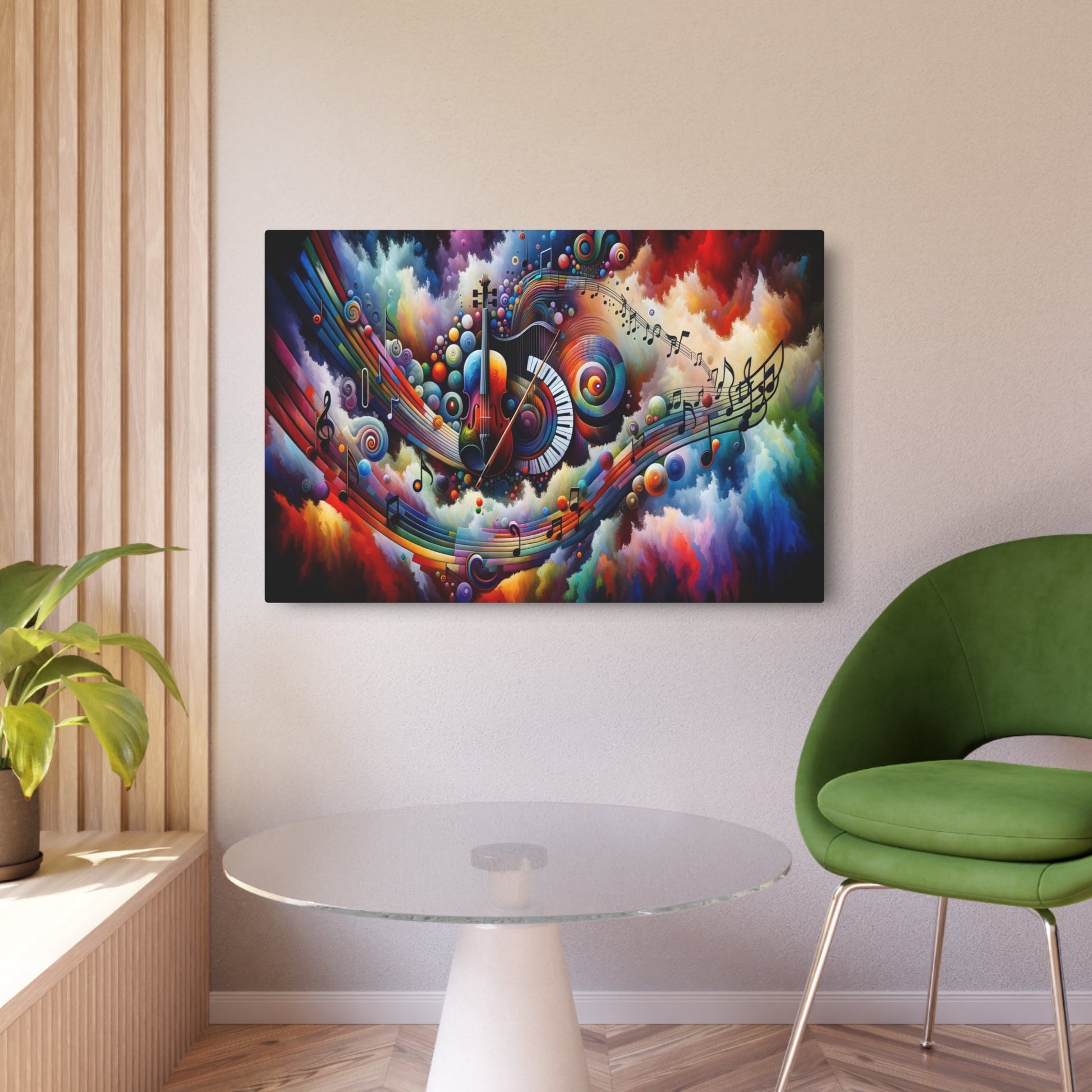 Metal Poster Art | "Modern & Contemporary Digital Art: Harmonious Fusion of Music and Kaleidoscopic Colors - Musical Instruments, Notes & Sound Waves Imagery" - Metal Poster Art 36″ x 24″ (Horizontal) 0.12''