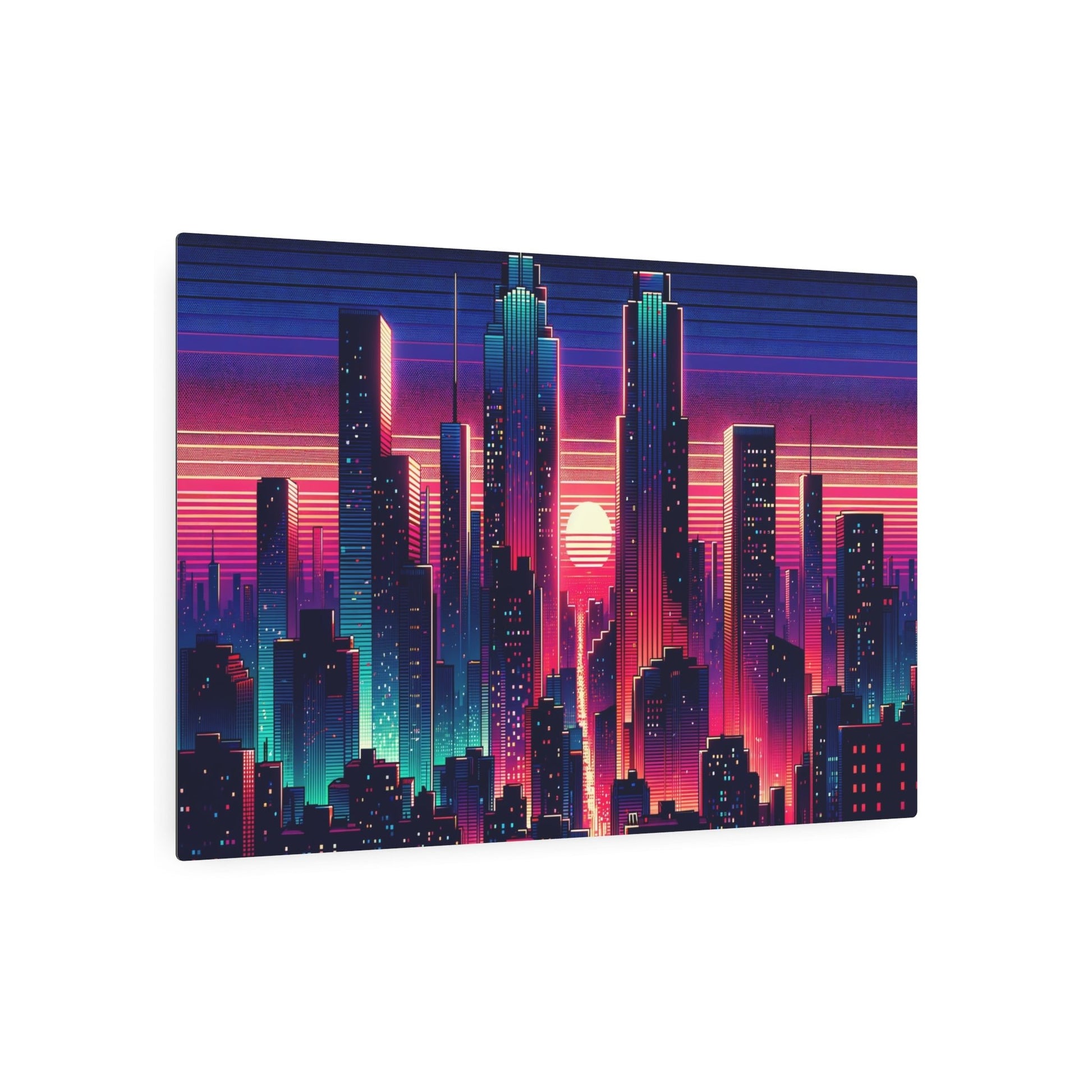 Metal Poster Art | "Digital Art - Vibrant Neon Lights in Modern Sunset Cityscape, Contemporary Style" - Metal Poster Art 36″ x 24″ (Horizontal) 0.12''