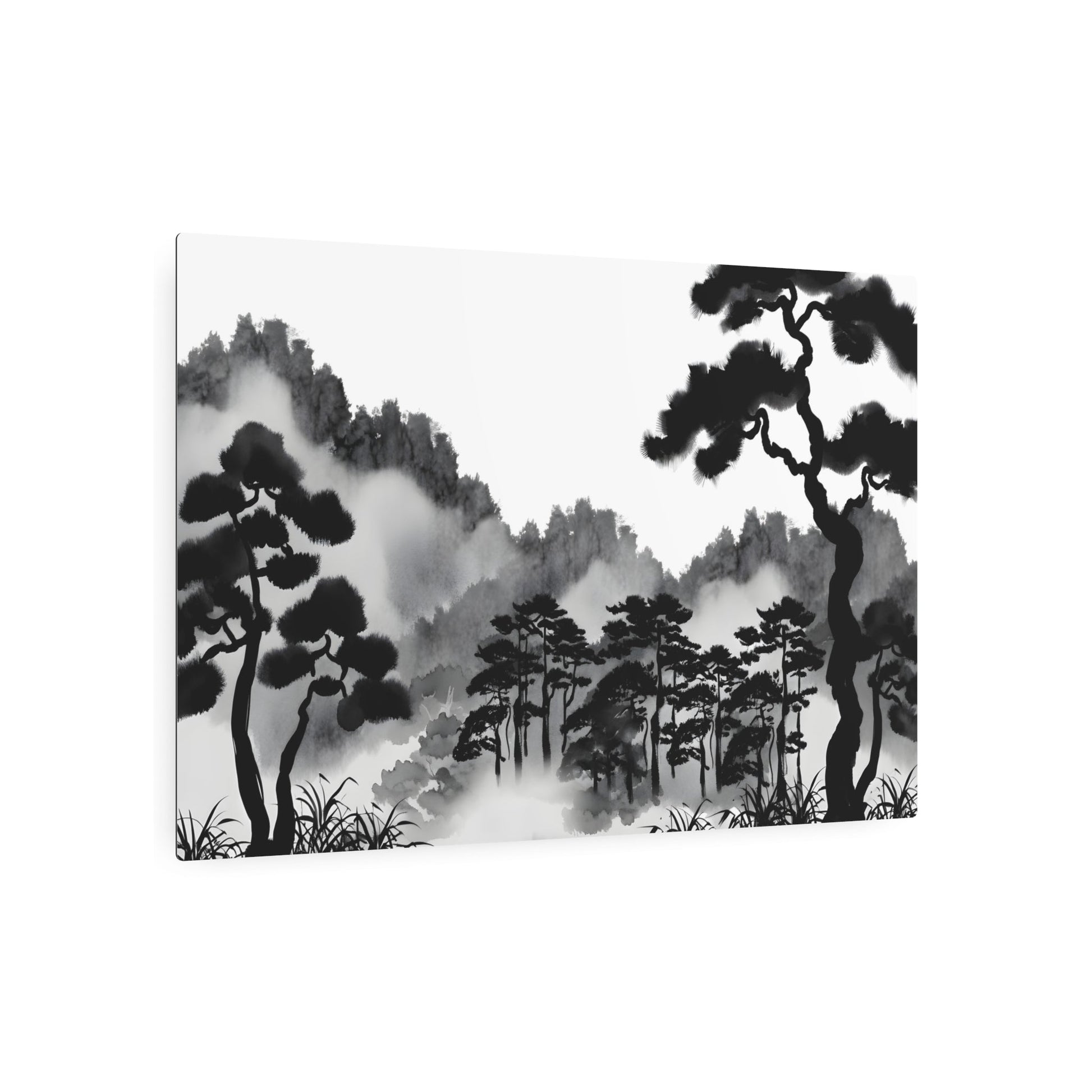 Metal Poster Art | "Sumi-e Japanese Ink Wash Painting - Tranquil Forest Scene in Traditional Asian Art Styles" - Metal Poster Art 36″ x 24″ (Horizontal) 0.12''