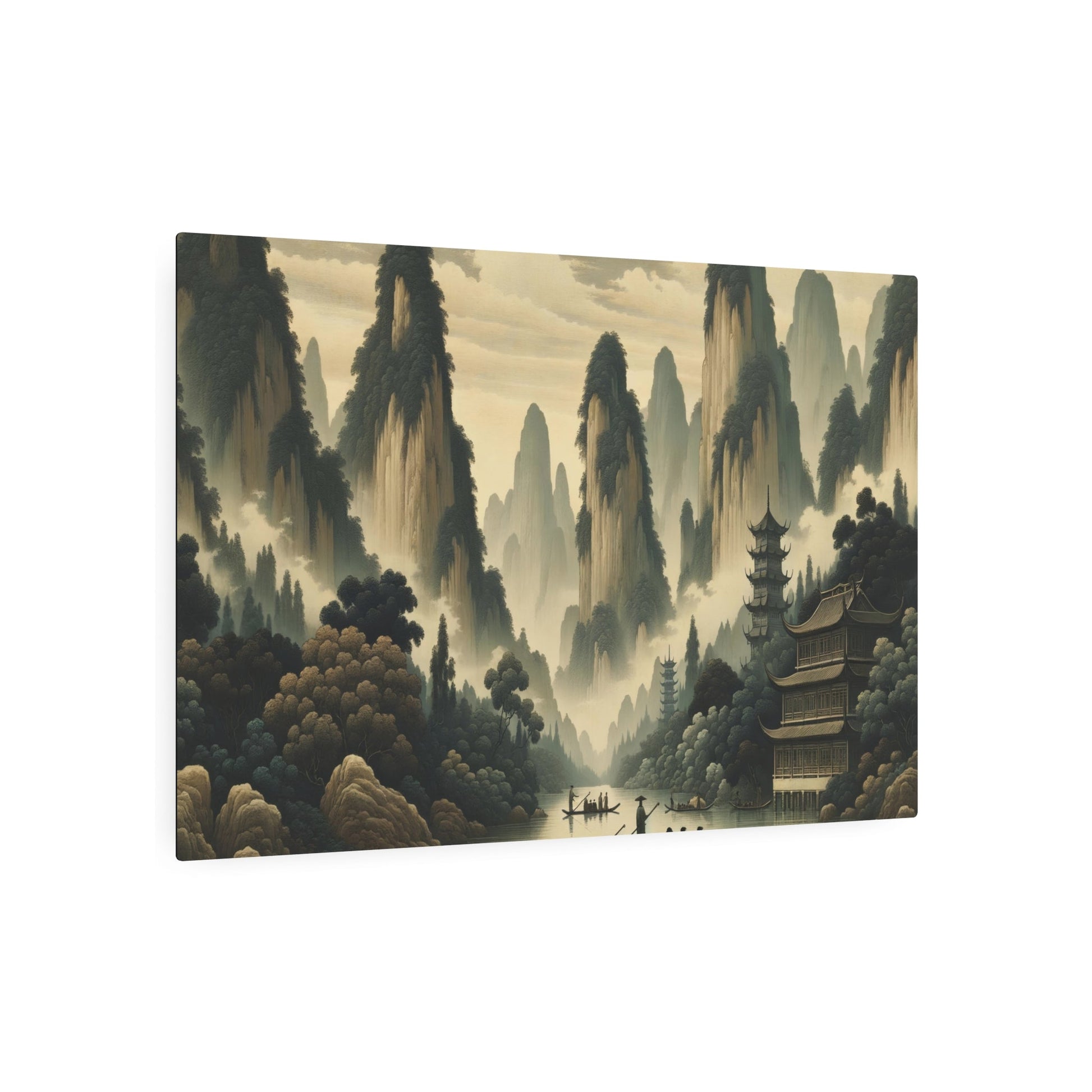 Metal Poster Art | "Traditional Chinese Landscape Artwork with Misty Mountains, Serene River, and Classical Pagodas in Subtle Tones - Asian Art Styles, - Metal Poster Art 36″ x 24″ (Horizontal) 0.12''