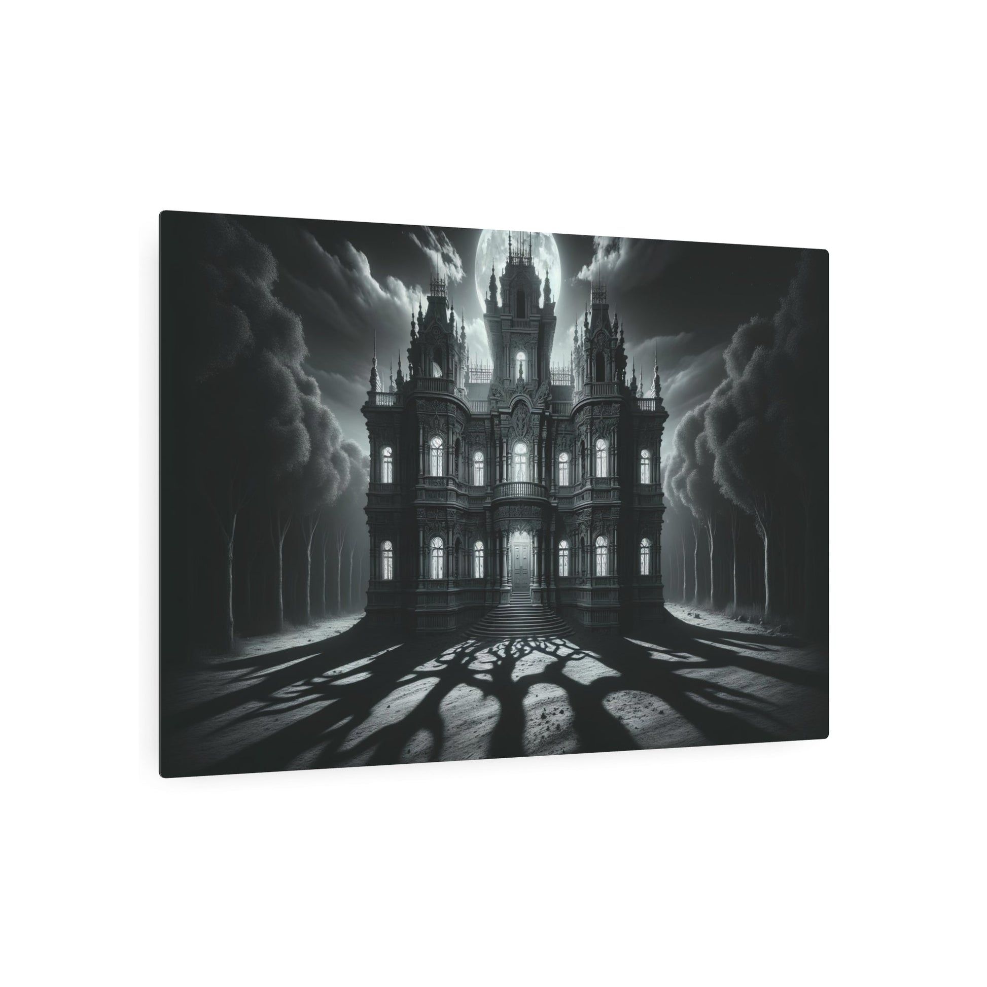 Metal Poster Art | "Baroque Style Spooky Haunted Mansion Art Print - Dramatic Western Art Depicting Full Moon Illuminated Woodlands" - Metal Poster Art 36″ x 24″ (Horizontal) 0.12''