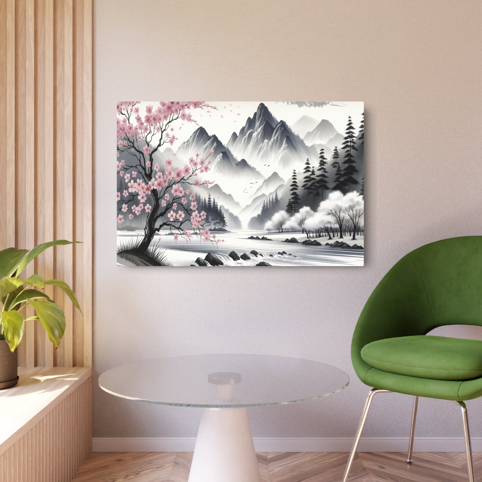 Metal Poster Art | "Japanese Sumi - e Ink Wash Painting - Tranquil Landscape with Mountains, Flowing River and Cherry Blossom Trees - Asian Art Styles Collection" - Metal Poster Art 36″ x 24″ (Horizontal) 0.12''