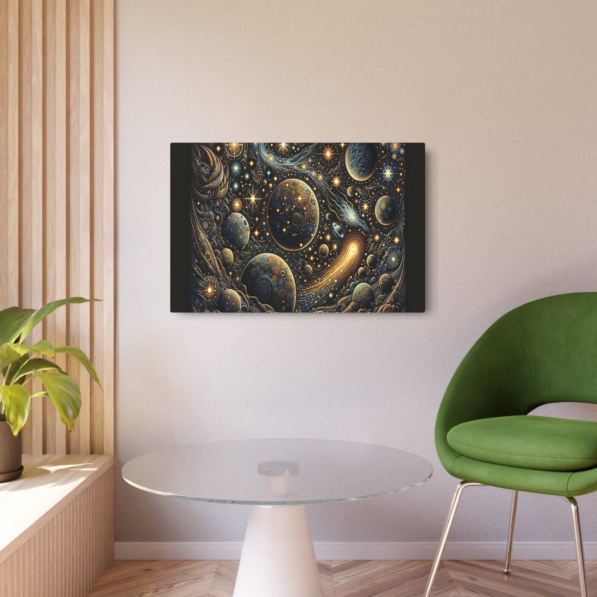 Metal Poster Art | "Indonesian Batik Style Art Image Featuring Celestial Bodies - Planets, Stars, Comets & Moon in Non - Western & Global Styles - Metal Poster Art 36″ x 24″ (Horizontal) 0.12''