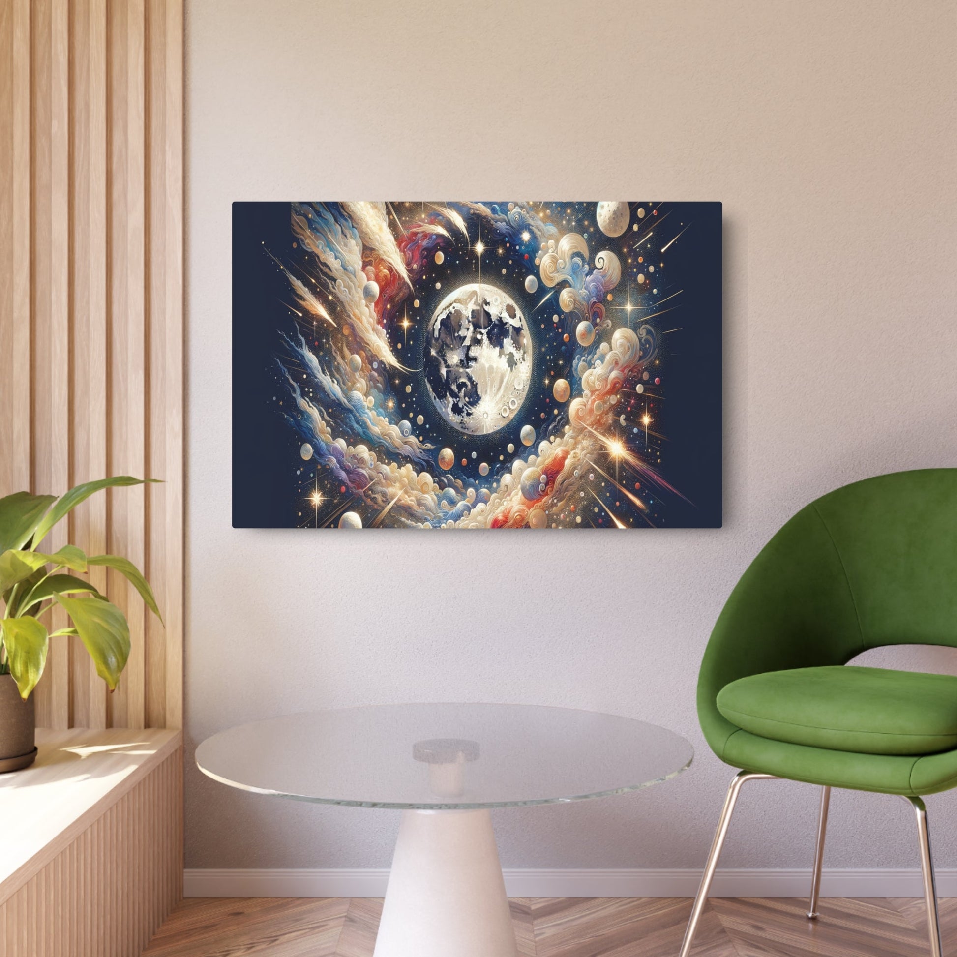 Metal Poster Art | "Chinese Silk Painting Art - Celestial Body Theme with Night Sky, Stars, Moon & Comets - Asian Art Styles Collection" - Metal Poster Art 36″ x 24″ (Horizontal) 0.12''