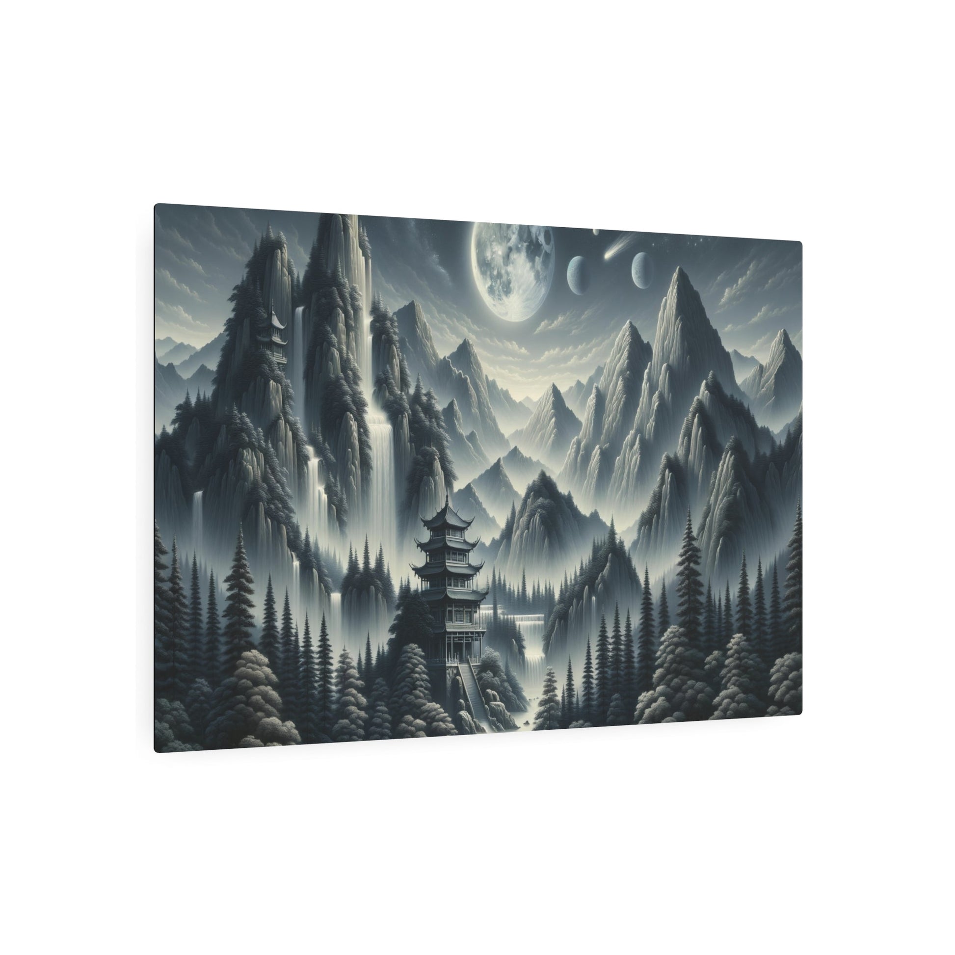 Metal Poster Art | "Traditional Chinese Landscape Painting with Vivid Celestial Bodies - Featuring High Mountains, Waterfalls, Pagodas, and Pine Trees in a Clear Night - Metal Poster Art 36″ x 24″ (Horizontal) 0.12''