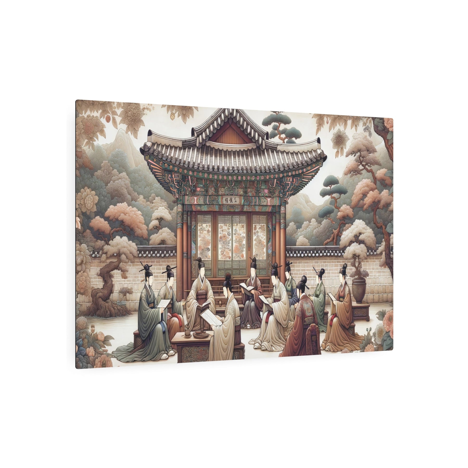 Metal Poster Art | "Joseon Dynasty Inspired Artwork: Korean Scholars, Traditional Architecture and Floral Motifs in Lush Landscapes - Asian Art Styles Collection" - Metal Poster Art 36″ x 24″ (Horizontal) 0.12''