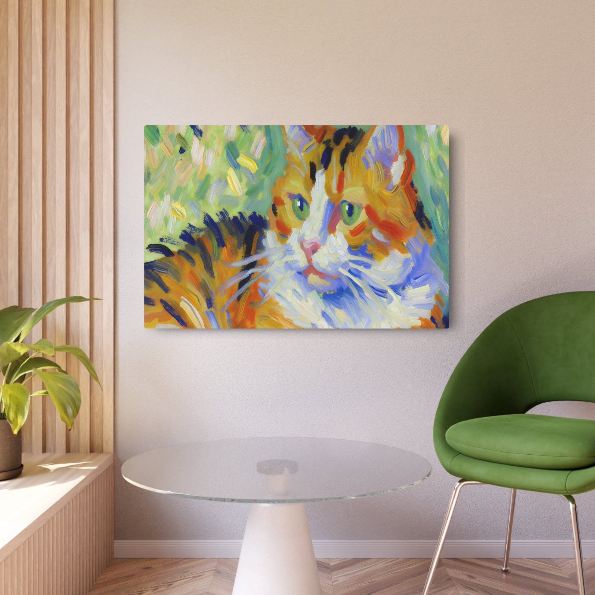 Metal Poster Art | "Vibrant Post-Impressionist Cat Painting - Expressive Colors & Visible Brushwork in Western Art Styles Collection" - Metal Poster Art 36″ x 24″ (Horizontal) 0.12''