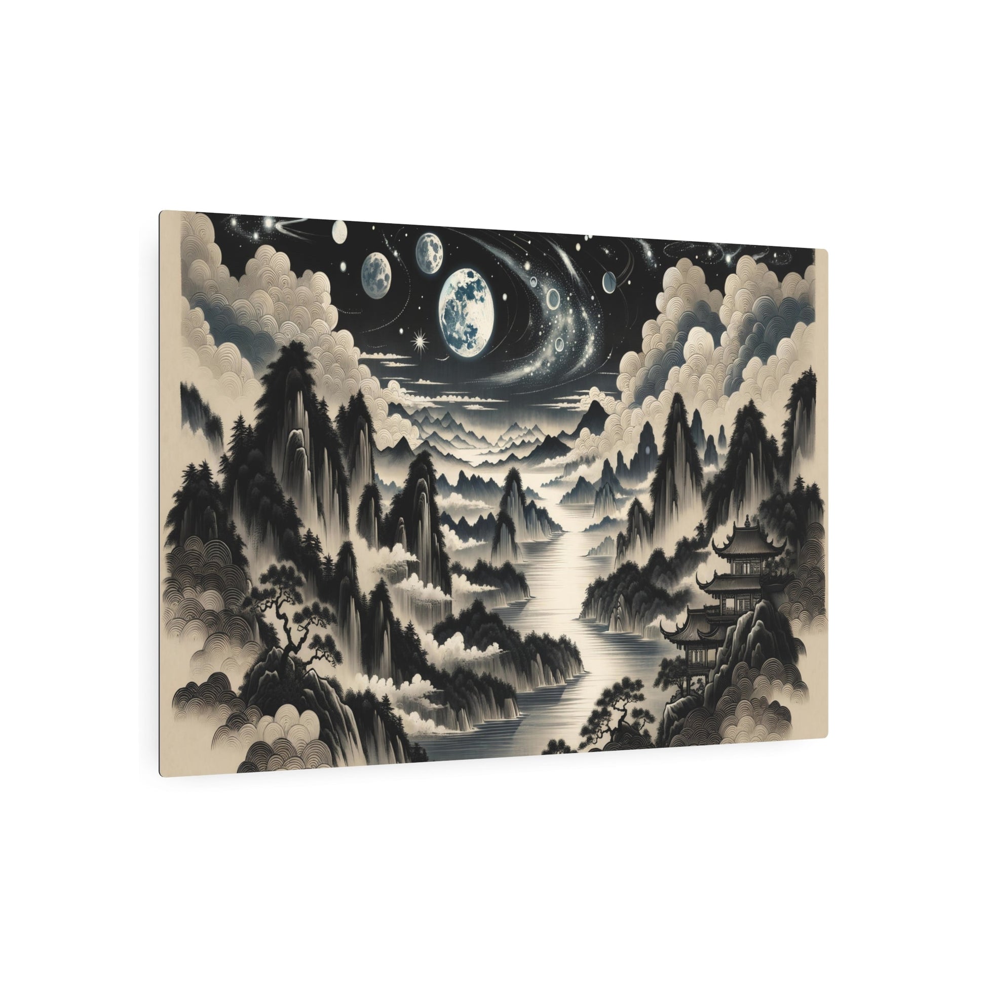 Metal Poster Art | "Traditional Chinese Brush Painting of Celestial Landscape in Asian Art Styles - Featuring Moon, Stars, & Planets" - Metal Poster Art 36″ x 24″ (Horizontal) 0.12''