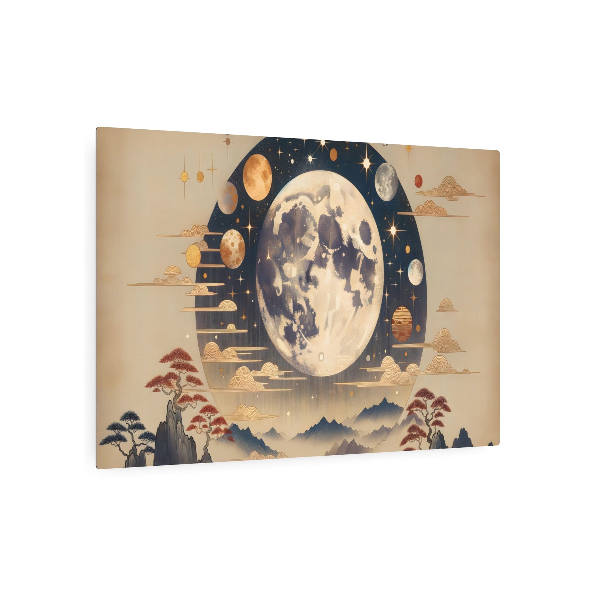 Metal Poster Art | "Kano School Inspired Japanese Artwork: Celestial Bodies in Asian Art Styles - Moon, Stars, and Planets Interpretation" - Metal Poster Art 36″ x 24″ (Horizontal) 0.12''