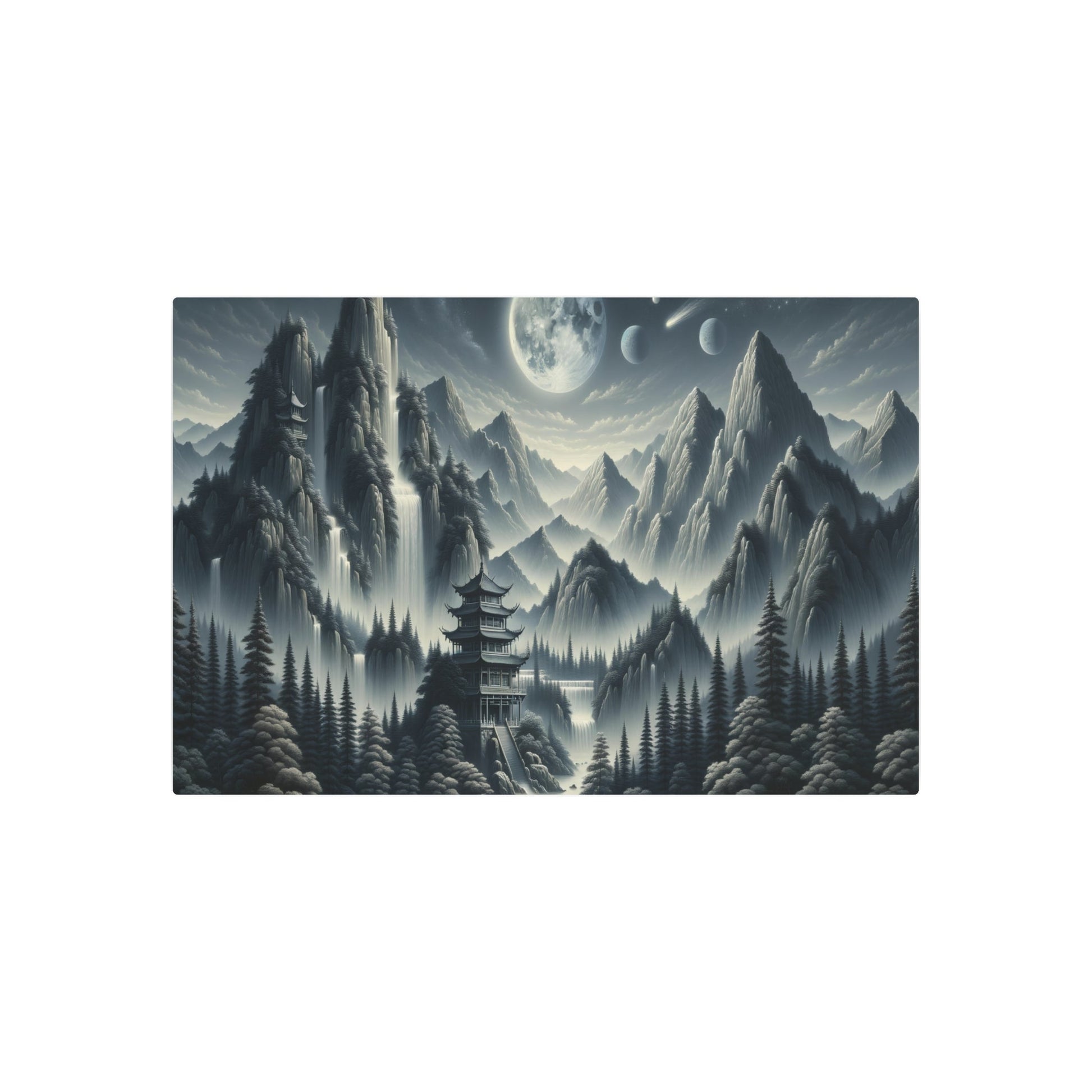 Metal Poster Art | "Traditional Chinese Landscape Painting with Vivid Celestial Bodies - Featuring High Mountains, Waterfalls, Pagodas, and Pine Trees in a Clear Night - Metal Poster Art 36″ x 24″ (Horizontal) 0.12''