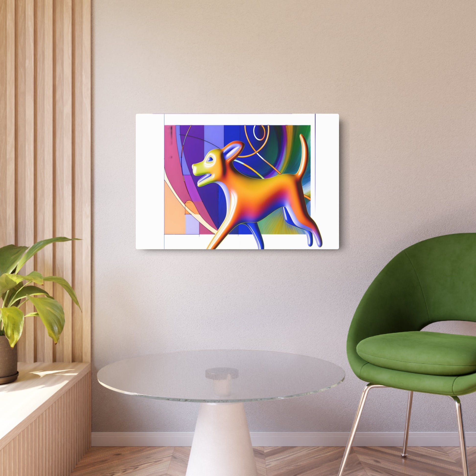 Metal Poster Art | "Modern & Contemporary Digital Art - Intricately Detailed Brightly Colored Dog in Futuristic Whimsical Landscape Illustration" - Metal Poster Art 36″ x 24″ (Horizontal) 0.12''